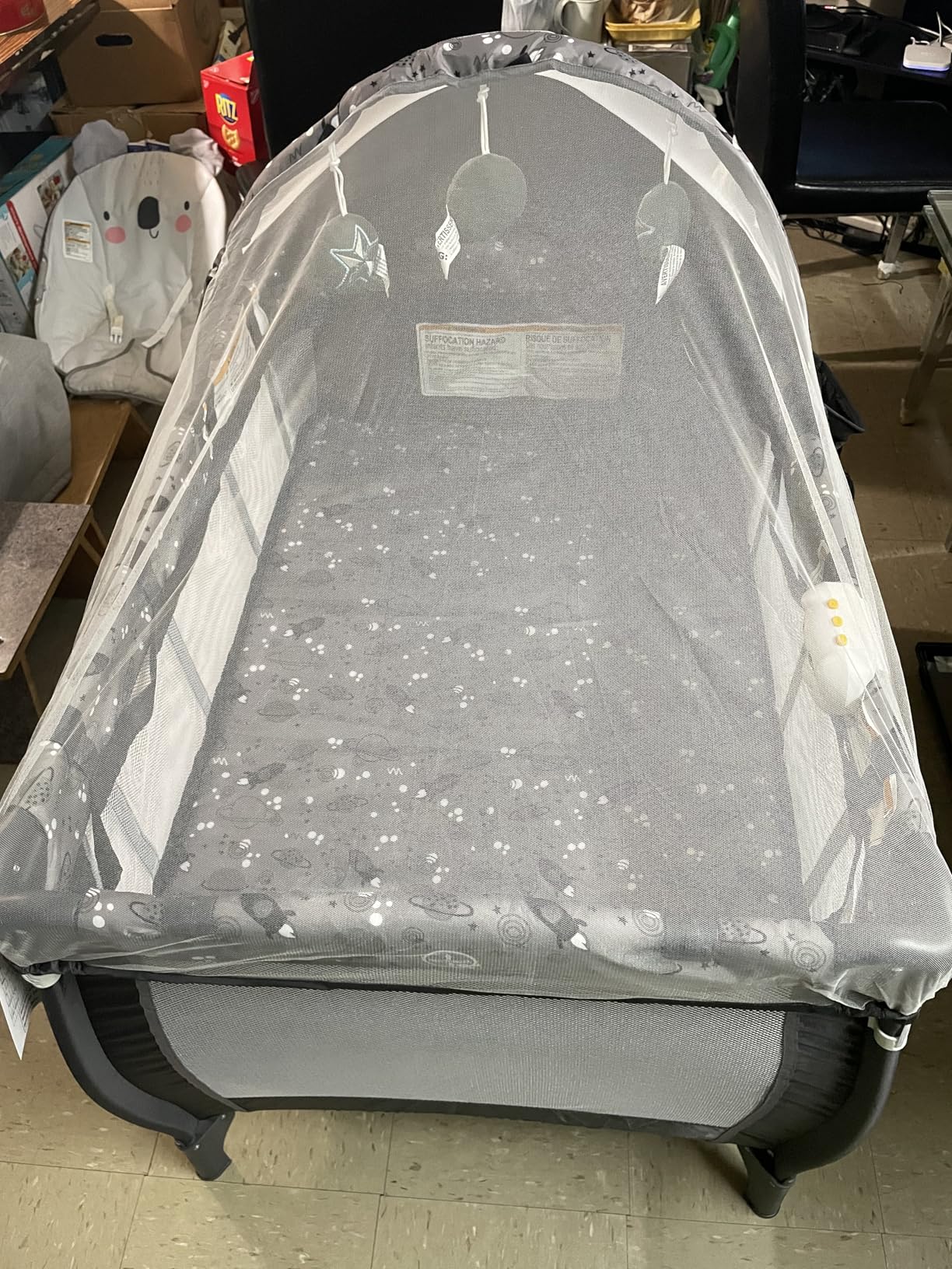 INFANS 4 in 1 Pack and Play, Portable Travel Baby Playard with Bassinet, Changing Table, Canopy, Mosquito Net, Hanging Toys, Music Box, Storage Bag, Large Playpen from Newborn to Toddlers customer photo 2