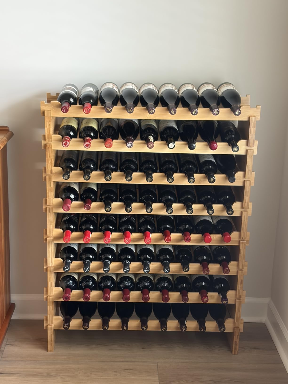 NutriChef 108 Bottle Wine Rack Stackable Bamboo Freestanding, 12 Tier Modular Shelf, Sturdy Wobble Free Upgraded 2026 Design, Easy No-Tool Assembly for Kitchen Cellar or Bar Storage 33.5