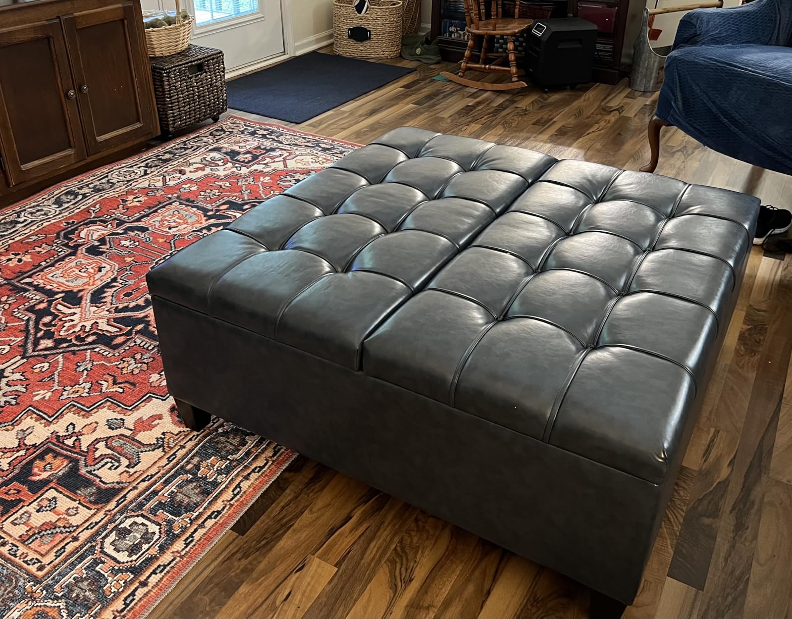 SIMPLIHOME Harrison Large Coffee Table Storage Ottoman - 40 inch Wide Upholstered Vegan Leather Square Lift-Top Ottoman in Distressed Saddle Brown, Transitional Bench for Living Room with Sturdy Base customer photo 1
