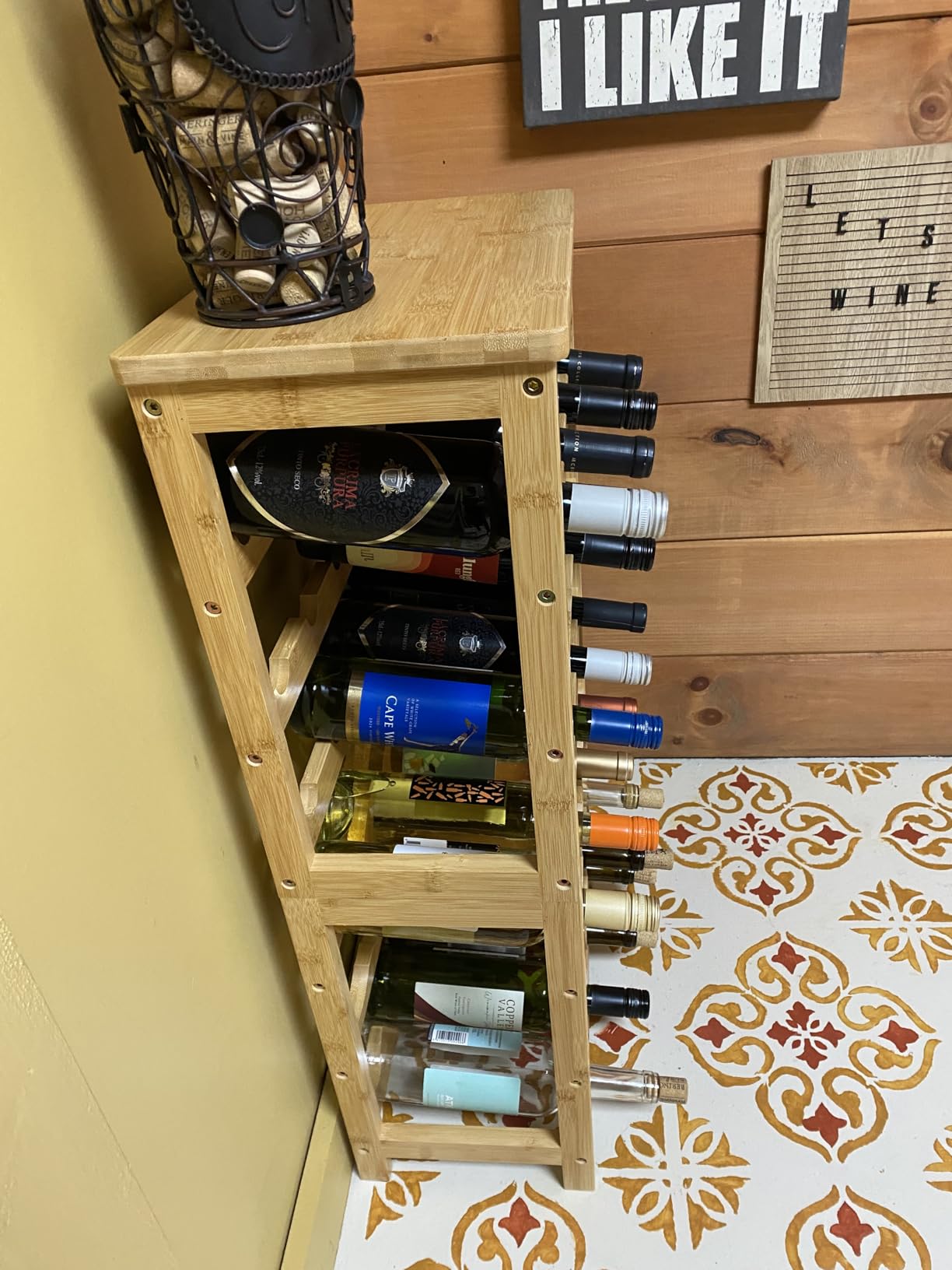 MOGELAFOO 6 Tier Bamboo Wine Rack Freestanding Floor, 24 Bottles Wine Storage Shelves with Table Top, Stackable Wine Display Rack for Kitchen, Bar, Dining Room, Rustic Brown and Black customer photo 1