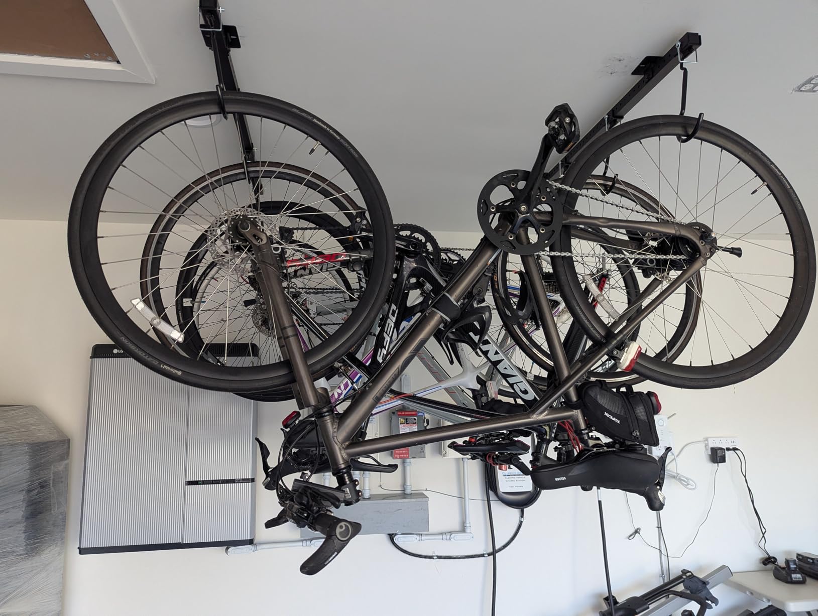 Teal Triangle Ceiling Mounted Bike Rack for Garage - Premium Bicycle Stand & Hanger for Space-Saving Storage, Adjustable Ceiling Hooks Hold 4-8 Bikes customer photo 1