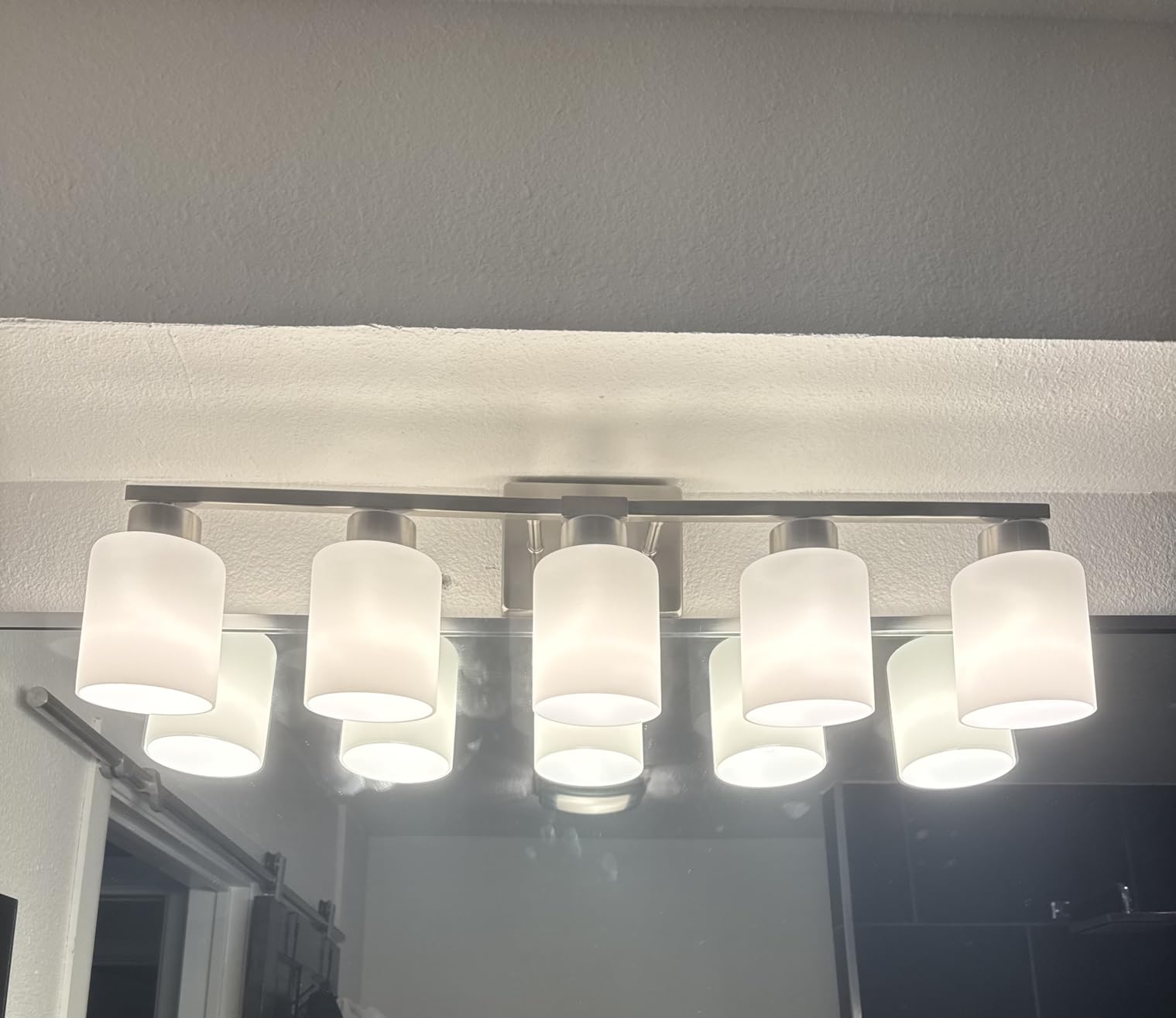 FonmYim Brushed Nickel Bathroom Light Fixtures, 3-Light Modern Vanity Light Over Mirror, Wall Sconces with Milky White Frosted Glass Shades, E26 Socket (Bulbs Not Included) customer photo 1