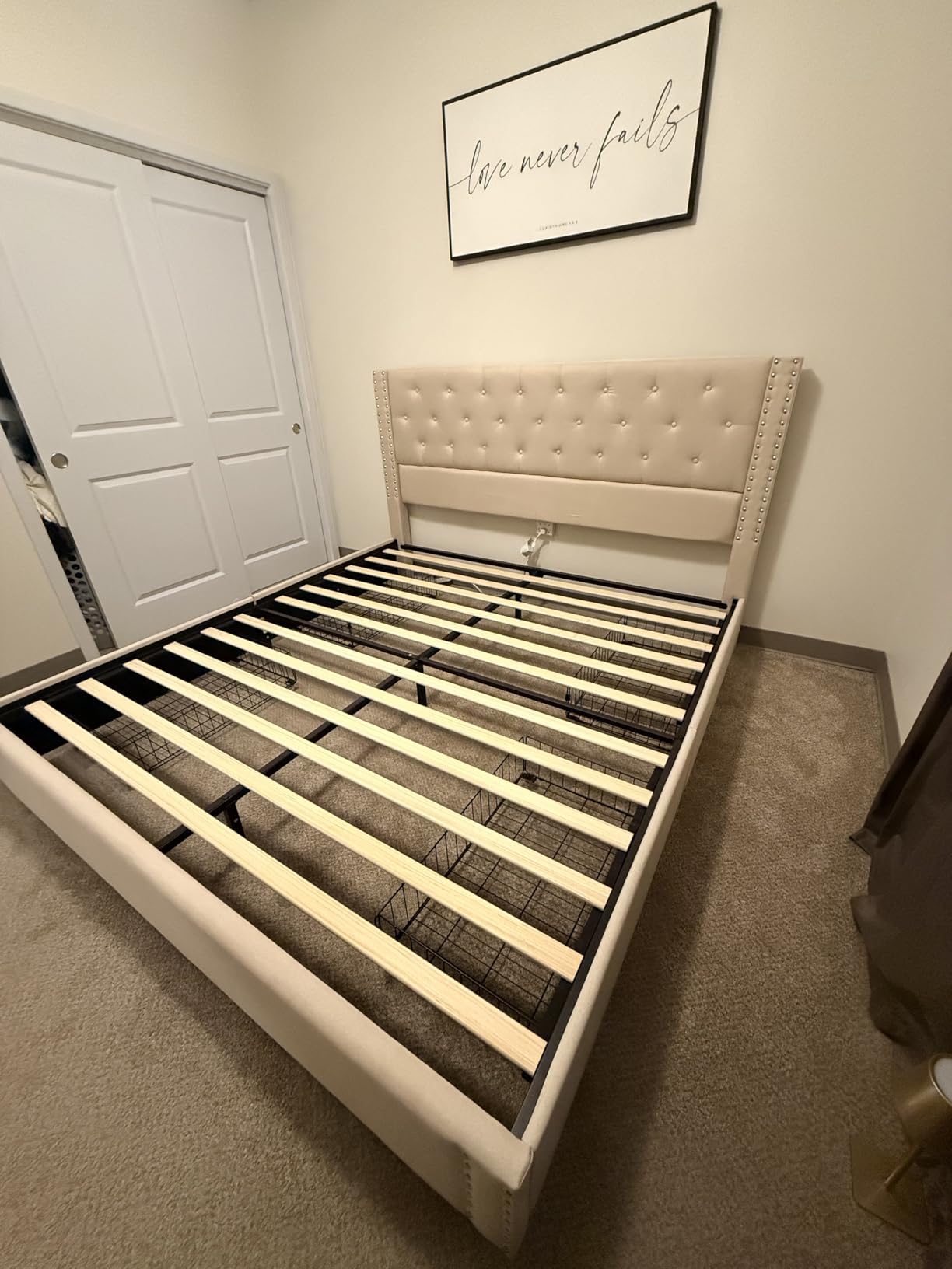 LARMACE King Size Bed Frame with 4 Storage Drawers and Tufted Headboard Linen Upholstered Platform Bed Frame with Heavy Duty Wood Slats, No Box Spring Needed, Easy Assembly, Beige customer photo 2