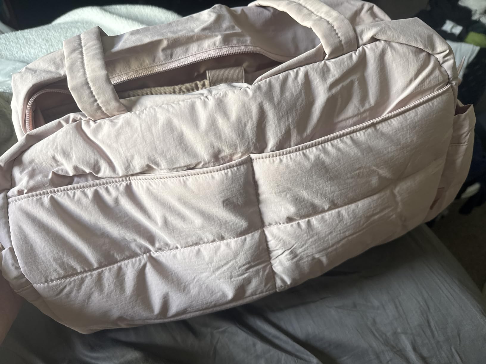Gym Bag for Women, Lightweight Puffer Duffle Bag 2-PC Travel Bag, 31L Weekender Overnight Bag Quilted Carry On Tote Bag, Diaper Hospital Dance bag for Travel, Gym, Water Resistant, Camel customer photo 2