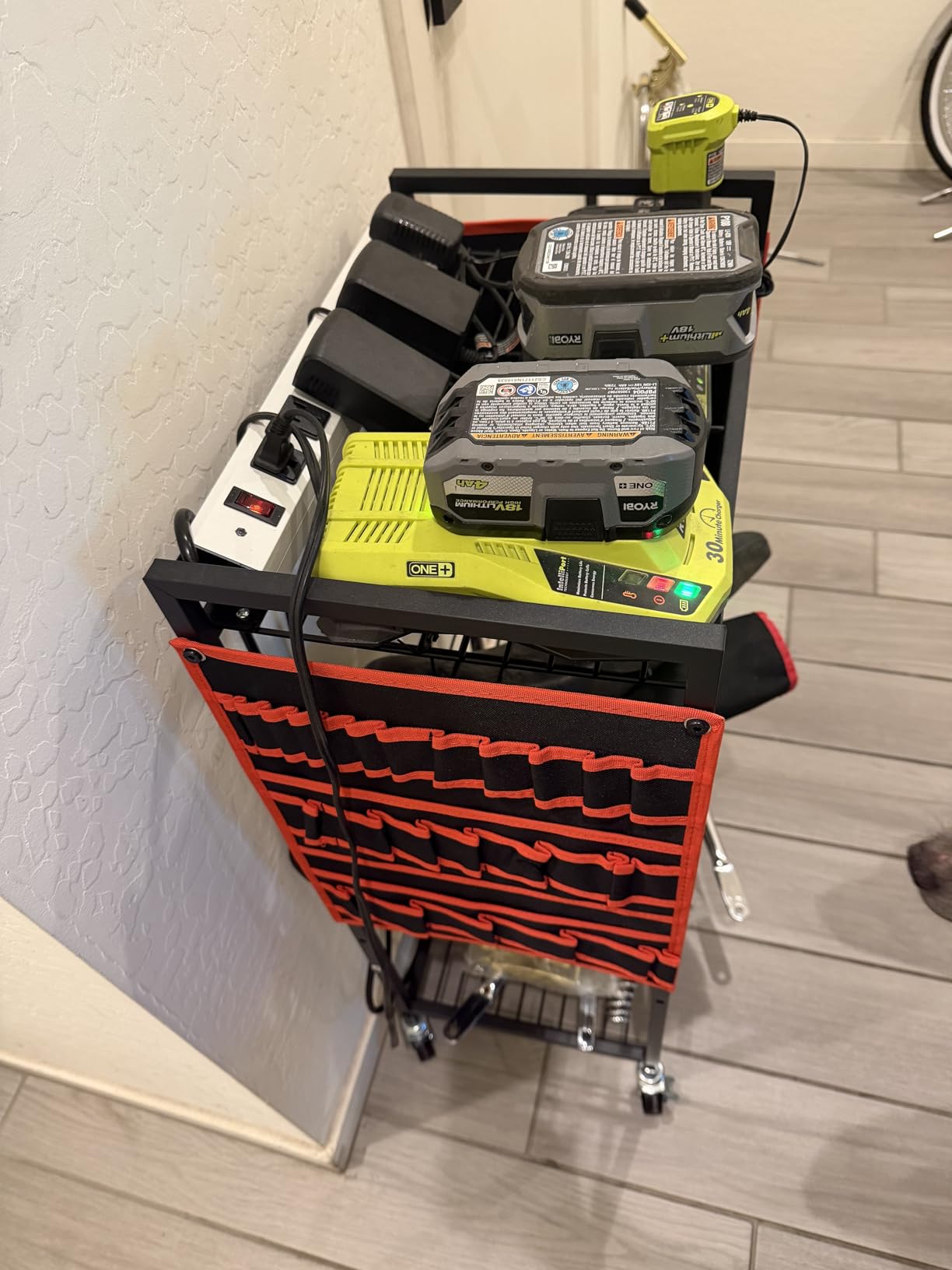 JUNNUJ Large Power Tool Organizer Cart with Charging Station, Garage Floor Standing Rolling Drill and Tools Battery Storage Cart on Wheels, Heavy Duty Utility Rack Shelf with 8 Outlet Power Strip, Red customer photo 2