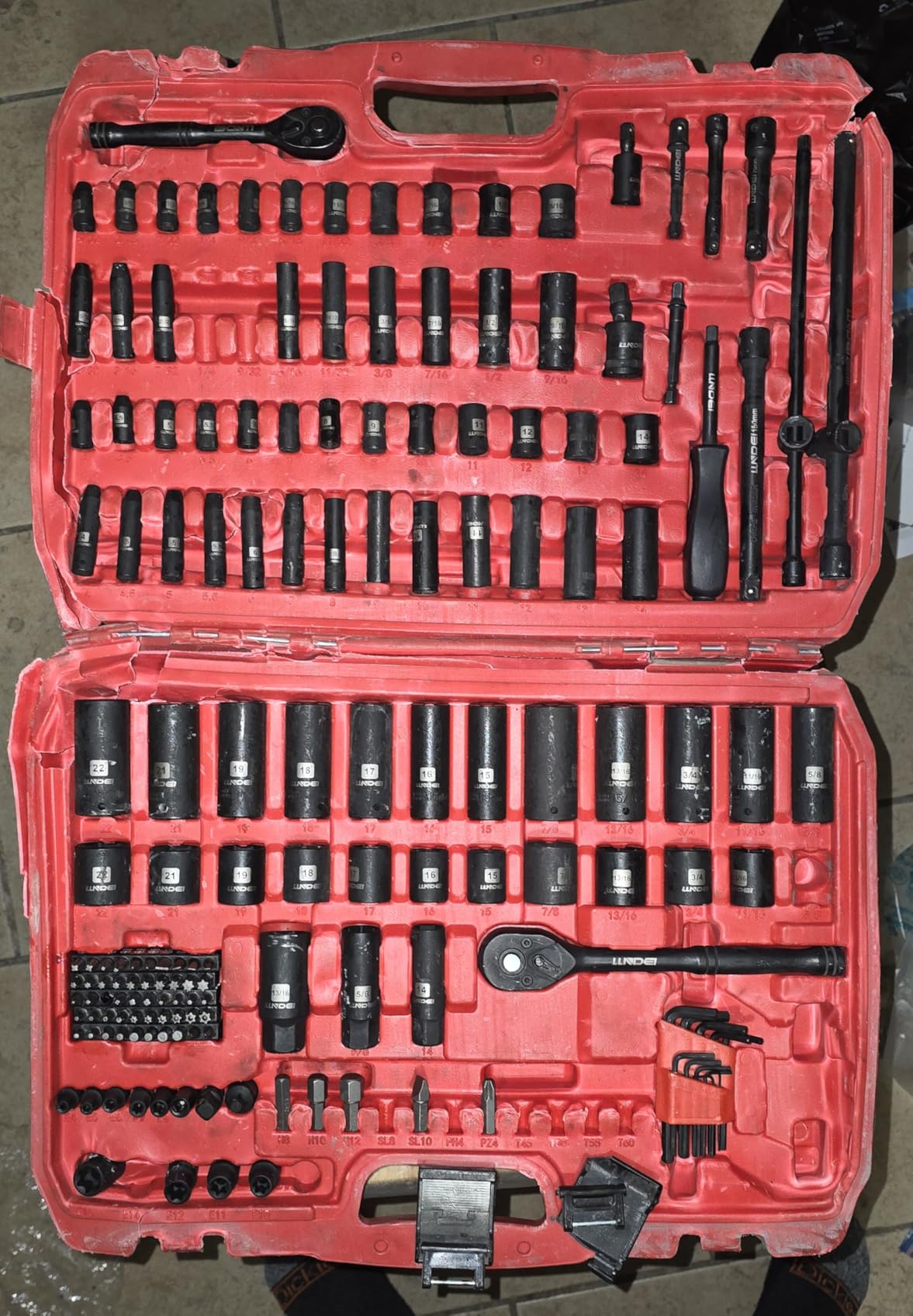 LLNDEI 1/4 & 3/8 Inch Drive Impact Socket Set, 186 Pieces Metric and Standard Full Sockets, CR-V Deep & Shallow Sockets Tool Set with Ratchet Wrench Handle, Spark Plug Socket, Bits for Mechanic customer photo 2