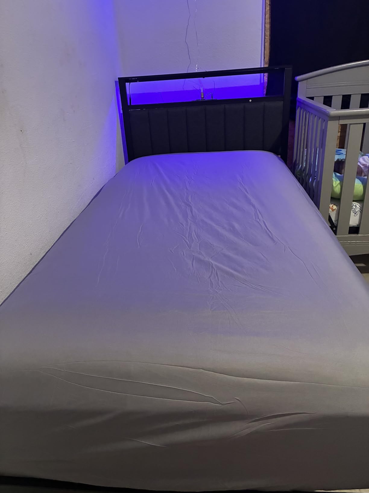 Furnulem Twin Size Bed Frame with Charging Station and LED Lights, Platform Bed with Metal Slats, Grey Upholstered Headboard with 2-Tier Storage Shelves, No Box Spring Needed customer photo 1