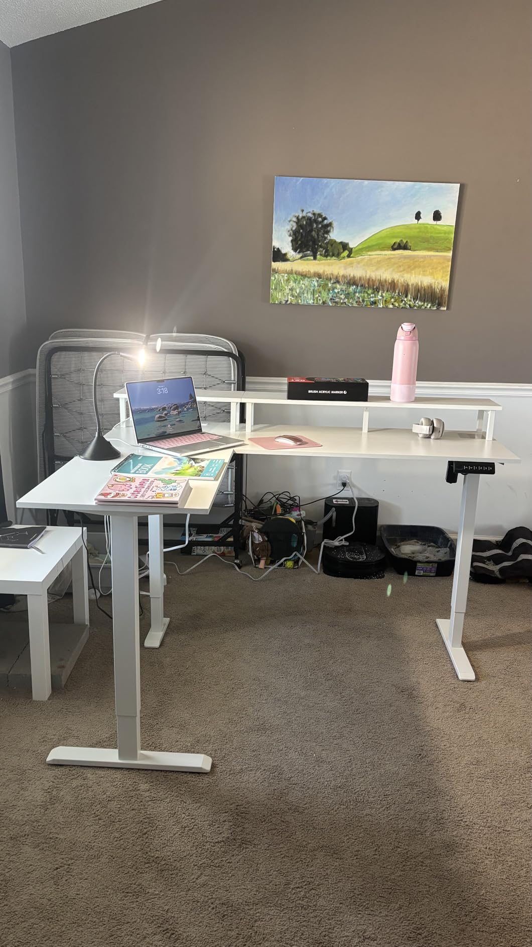 AODK Electric L-Shaped Standing Desk, 59 Inch Height Adjustable Office Desk with Monitor Stand, Sit-Stand Desk with Power Outlets, Large Lift Table for Home, Office, Workstation, White customer photo 2