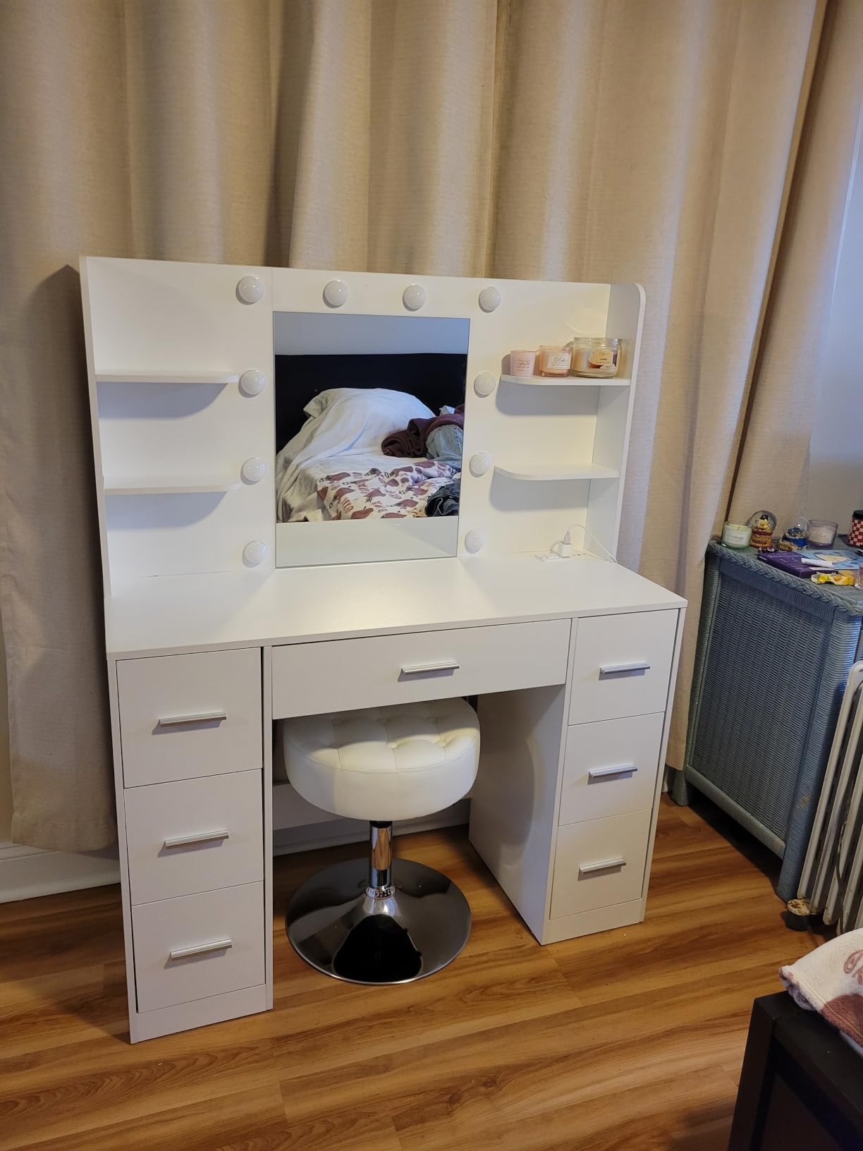 Furmax Vanity Desk with Mirror, LED Lights and Power Outlet Makeup Vanity Table with 7 Drawers and 6 Storage Shelves Dressing Table for Bedroom Dressing Room (White) customer photo 2