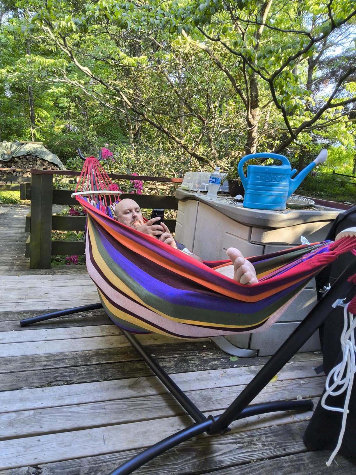 EveryFun Double Hammock with Heavy-Duty Steel Stand, Portable, Easy Assembly, 600lbs Weight Capacity, Perfect for Indoor, Yard, Camping, or Outdoor - Rainbow customer photo 1