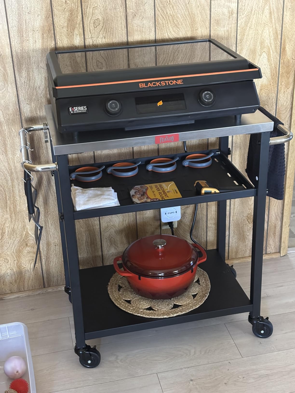 Feasto Outdoor Kitchen Island with Cabinet, Outdoor Grill Table with Stainless Steel Top for Pizza Oven & Griddles, Movable Bar Cart with Pull-Out Plate for Parties & Gathering, Heavy-Duty, L74