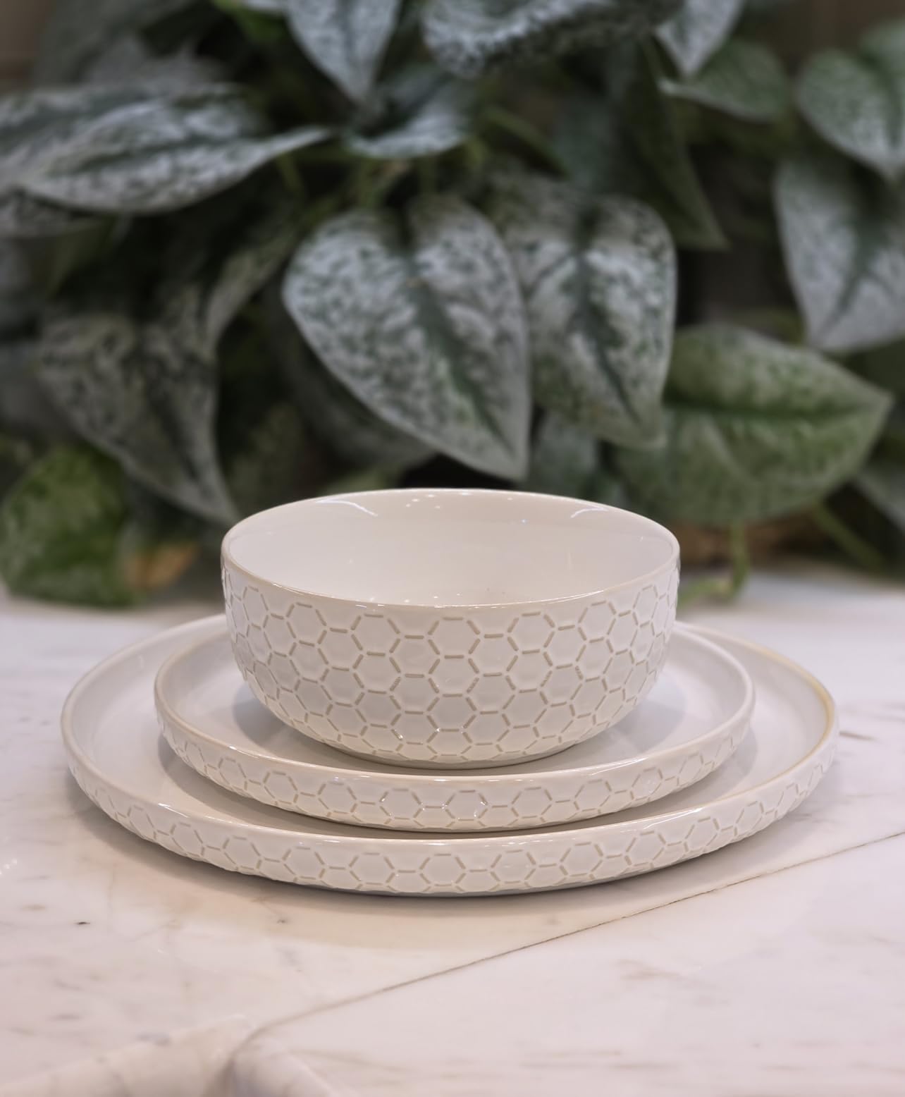 Stoneware Dinnerware Sets Service for 4, 12 pcs Reactive Glaze Plates and Bowls Sets, Embossed Boho Ceramic Dish Set, Highly Chip and Crack Resistant Farmhouse Plate Set, Ivory White customer photo 1