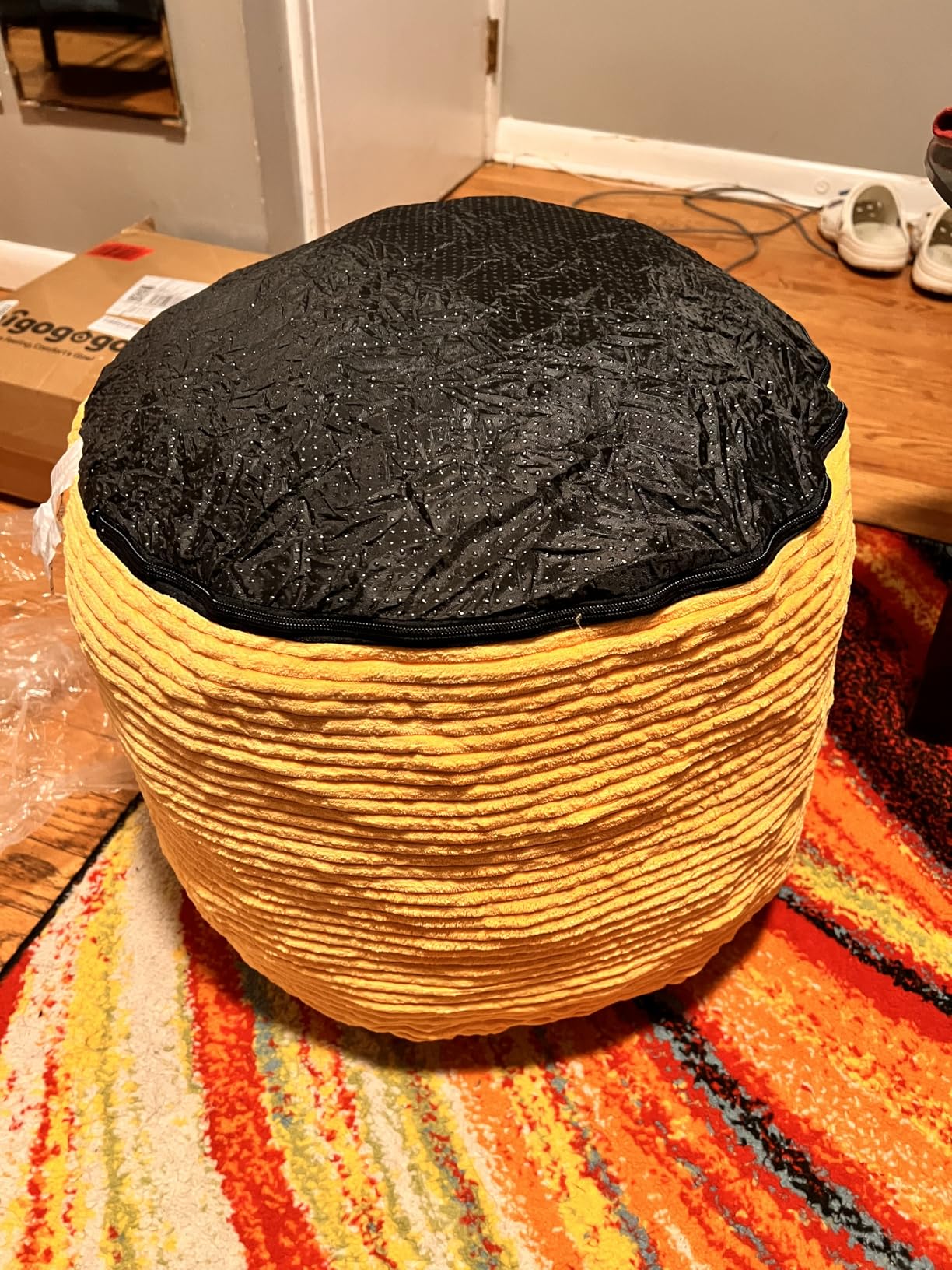 HIGOGOGO Round Stuffed Pouf Ottoman, Corduroy Poufs with Foam Chunk Filling, Furry and Fluffy Pouf Foot Stool Storage Ottoman, 20 X 15 Floor Poufs Foot Rest for Living Room, Dark Grey customer photo 1