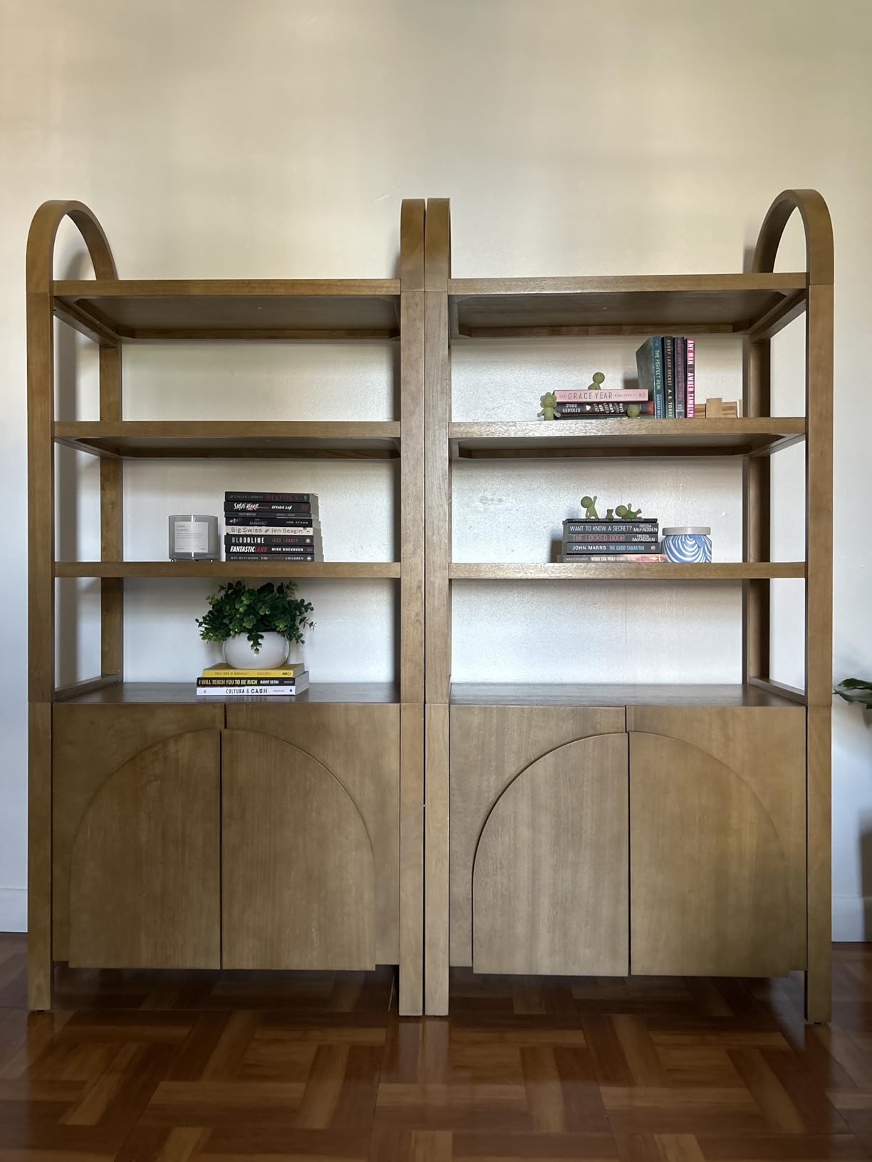 Nathan James Iris 3 Tier Bookshelf, Arched Bookcase Cabinet, Solid Wood Bookcase with Cabinet Base, Boho Bookshelf in Unbrushed Light Brown Finish customer photo 2