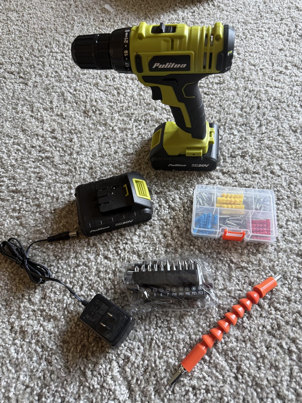 PULITUO'S 20V Cordless Drill/Driver, Electric Screwdriver - 2 Batteries, 30Nm, 21+1 Torque, 2 Speed, Keyless 3/8
