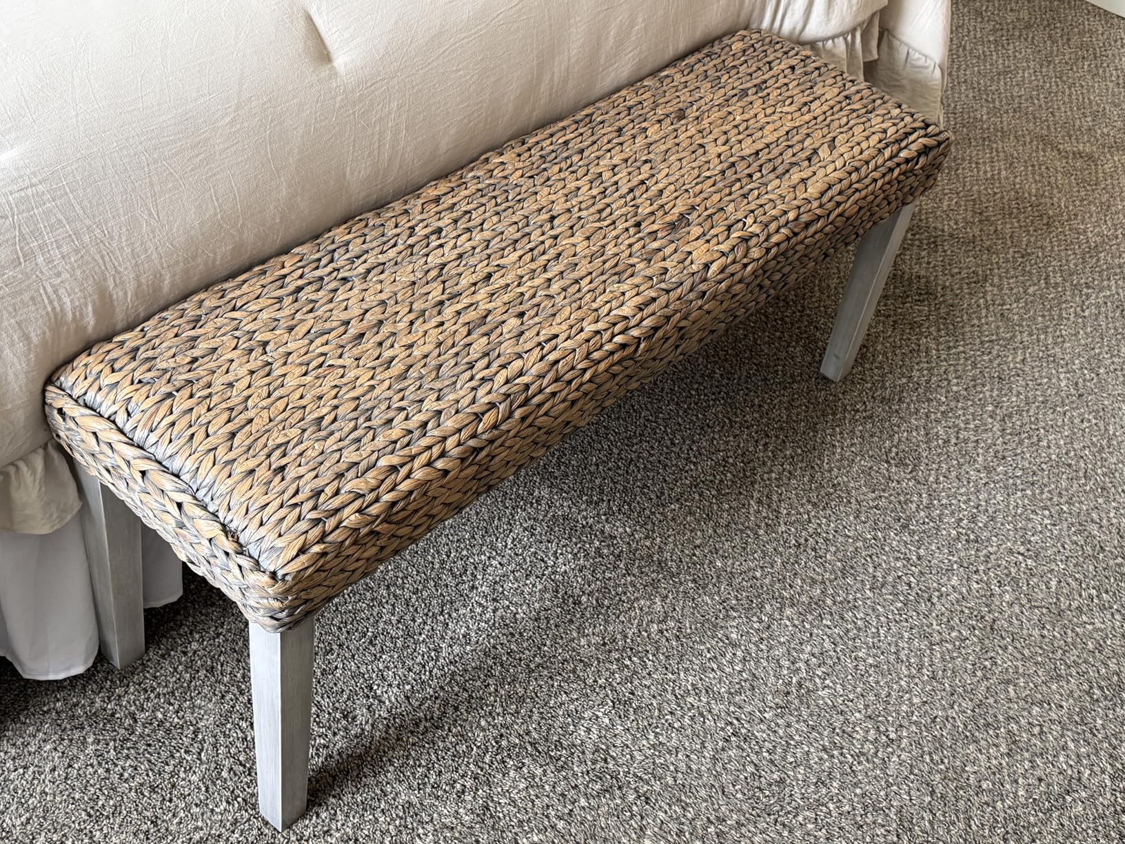 Solid Wood Acacia Indoor Bench with Natural Woven Seat, 47 Inch Wood Bench for Living Room or Entryway Bench, Bedroom End of Bed Bench or Dining Benches, Window Bench (Fishbone, Water Hyacinth) customer photo 1