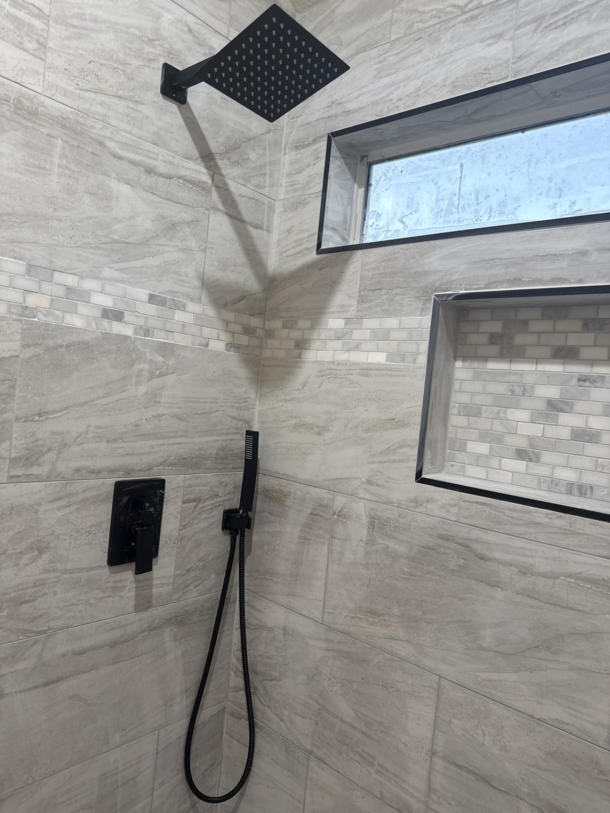 Aolemi Shower Faucet Set Rain Shower System with Handheld Spray Bathroom Shower Combo Rough-in Valve and Shower Trim Kit Included Matte Black 8 Inch Wall Mount Shower Head customer photo 1