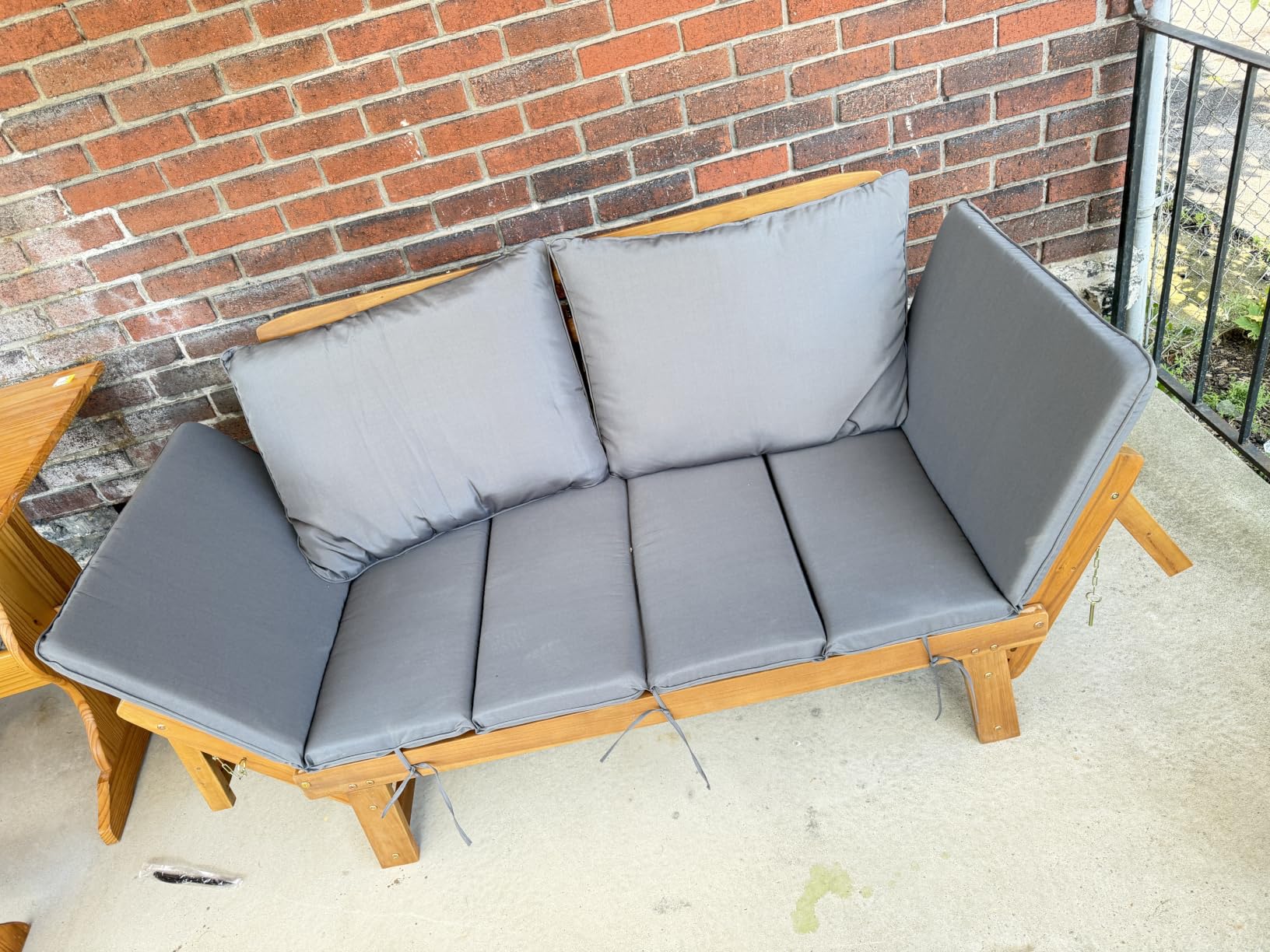 Devoko Outdoor Couch Acacia Wood Patio Couch with Adjustable Armrests, Outdoor Convertible Sofa with Removable Cushions & Pillows for Patio, Porch, Poolside(White) customer photo 1