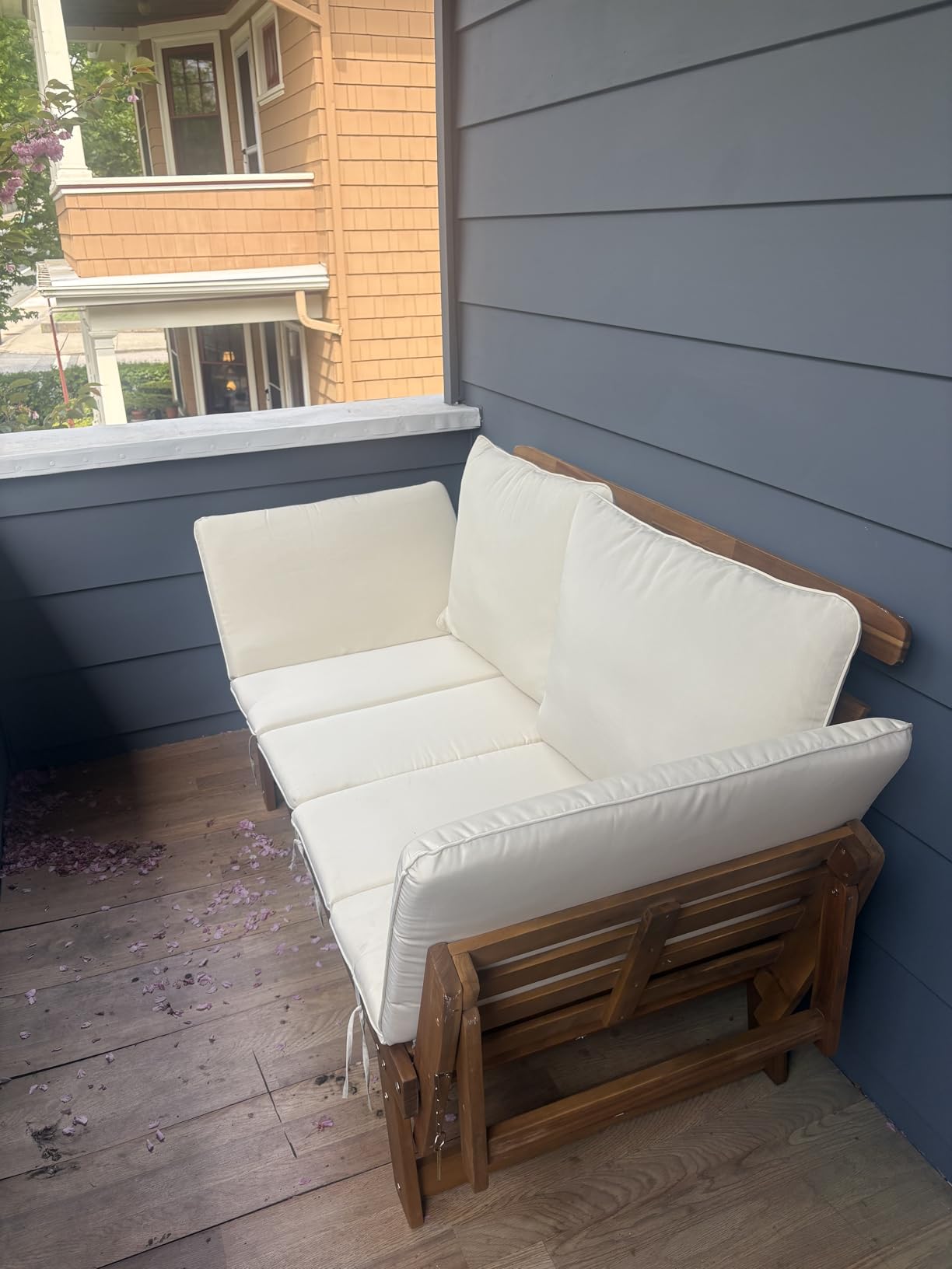 Devoko Outdoor Couch Acacia Wood Patio Couch with Adjustable Armrests, Outdoor Convertible Sofa with Removable Cushions & Pillows for Patio, Porch, Poolside(White) customer photo 2