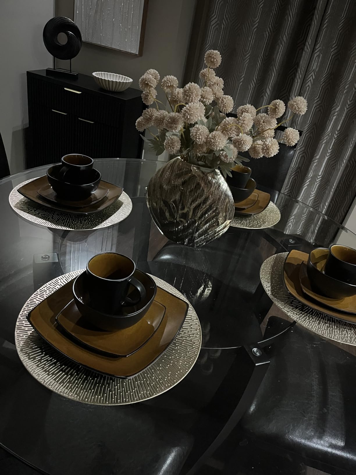 Gibson Elite Pasco 16 Piece (Service for 4) Plates and Bowls Double Bowl Reactive Glaze Dishes Stoneware Ceramic Dinnerware Set, Black customer photo 2