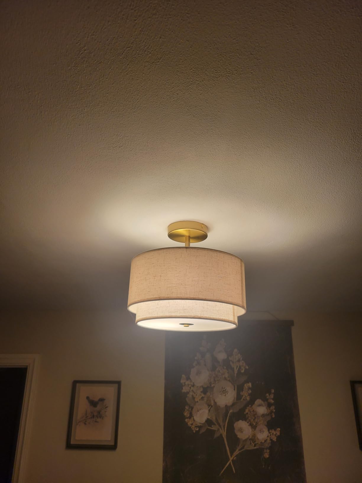 Semi Flush Mount Ceiling Light Fixture,12.6'' Gold Light Fixtures Ceiling Mount, Modern Close to Ceiling Light with 2-Layer Linen Shade,Farmhouse Drum Ceiling Light for Bedroom Hallway Living Room customer photo 1