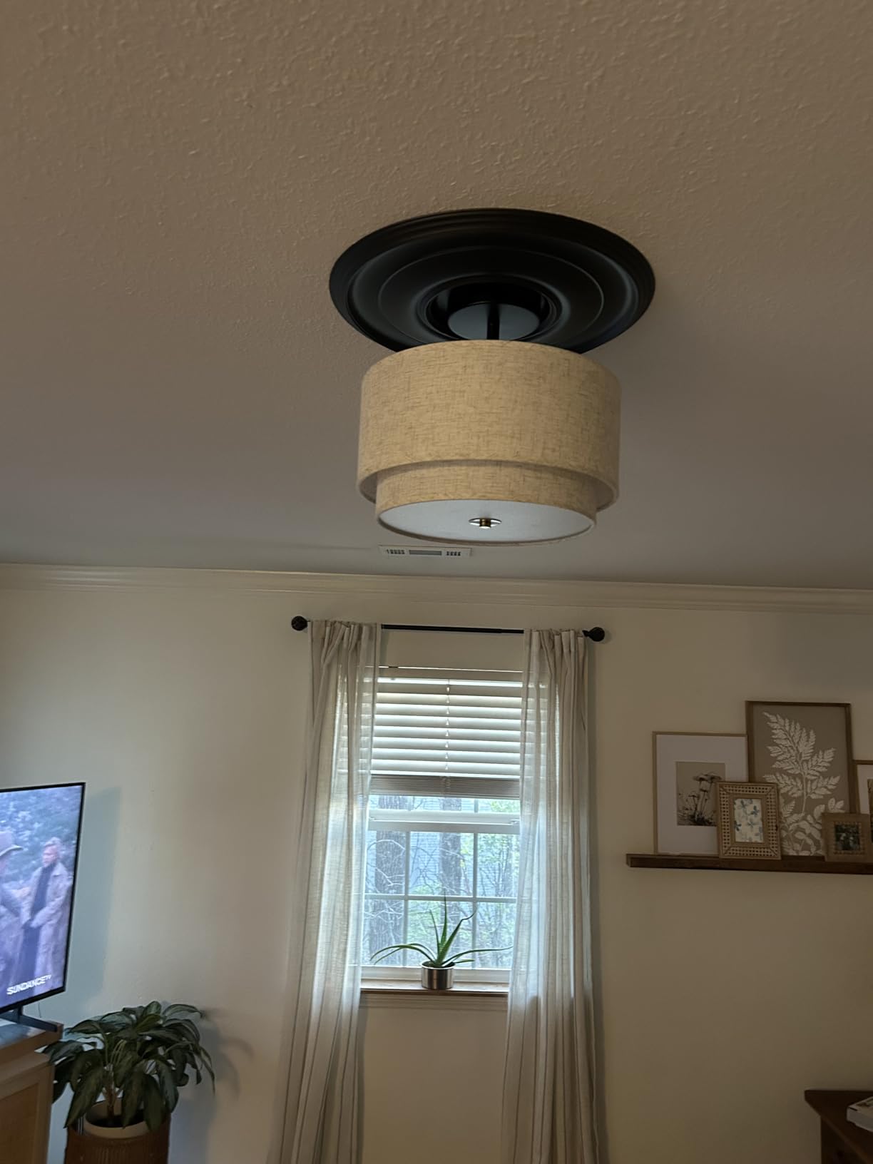 Semi Flush Mount Ceiling Light Fixture,12.6'' Gold Light Fixtures Ceiling Mount, Modern Close to Ceiling Light with 2-Layer Linen Shade,Farmhouse Drum Ceiling Light for Bedroom Hallway Living Room customer photo 2