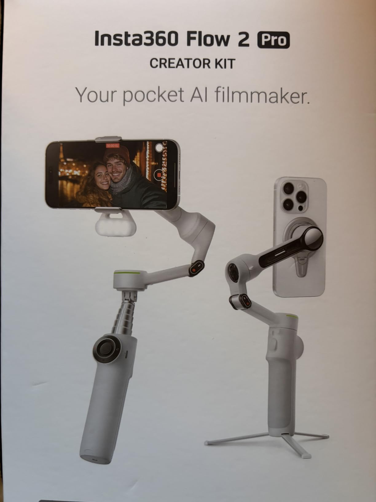 Insta360 Flow 2 Pro Creator Bundle Grey - Foldable AI Phone Gimbal, Apple DockKit, 360° Pan Tracking, Free Tilt Mode, Built-in Tripod/Selfie Stick, Portable Vlog/Travel Stabilizer, Spotlight, MagSafe customer photo 1