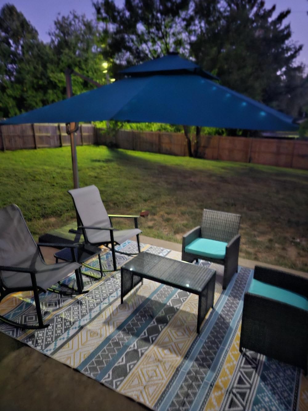 4 Piece Patio Rattan Set Outdoor Furniture Set Wicker Conversation Set with Cushions and Tempered Glass Tabletop, Deep Blue customer photo 1