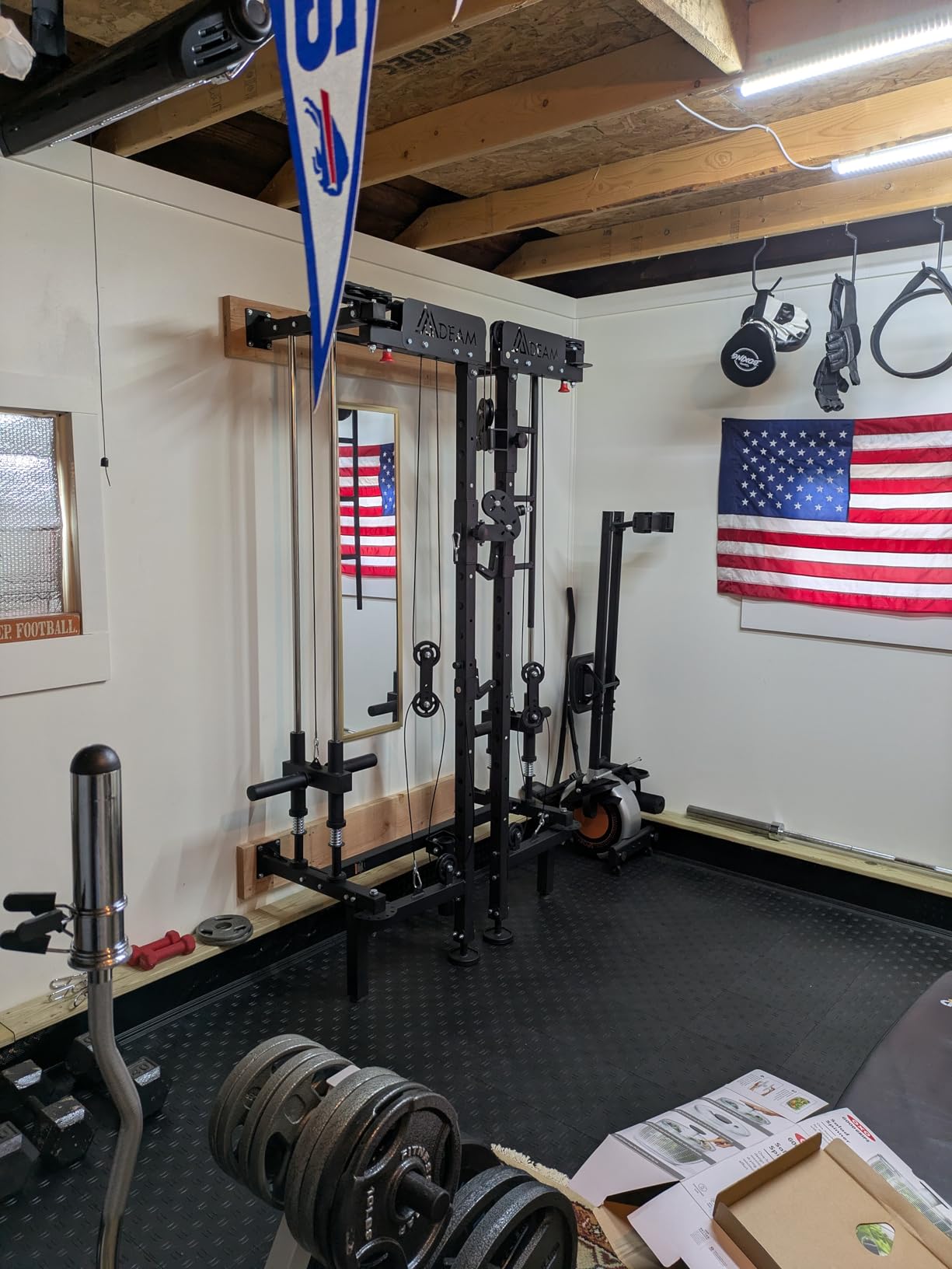 Folding Squat Rack, Wall Mounted Power Rack with Cable Crossover Machine & LAT Pull Down Multi-Function Space-Saving Power Cage with 7 Adjustable Modes/Dual Pulley System/Pull-up Bar/360°Landmine customer photo 2