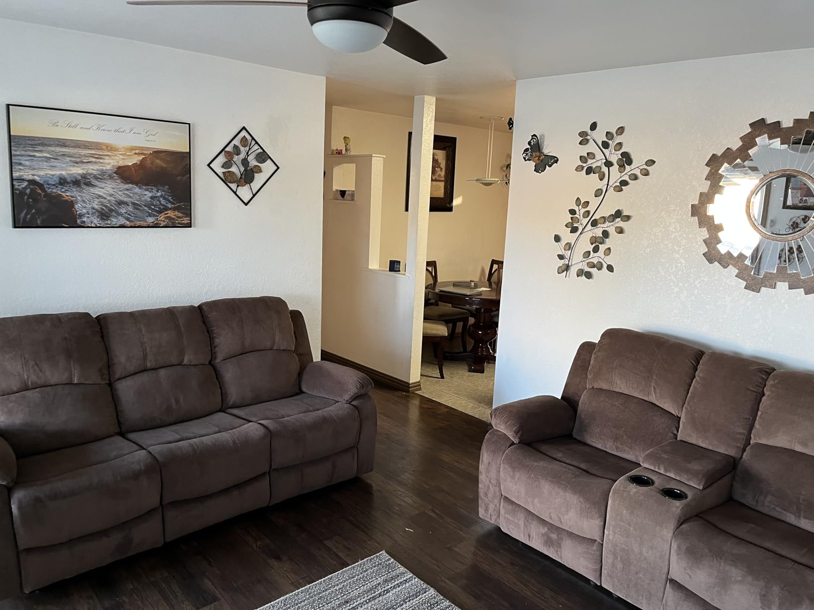 Manual Reclining Couch Sofa Set with Drop-Down Table, 3 Pieces Brown Leather Recliner Couch Sets, Living Room Furniture Sets, Recliner Sofa with Storage Console/Cup Holder for Home/Apartment customer photo 1