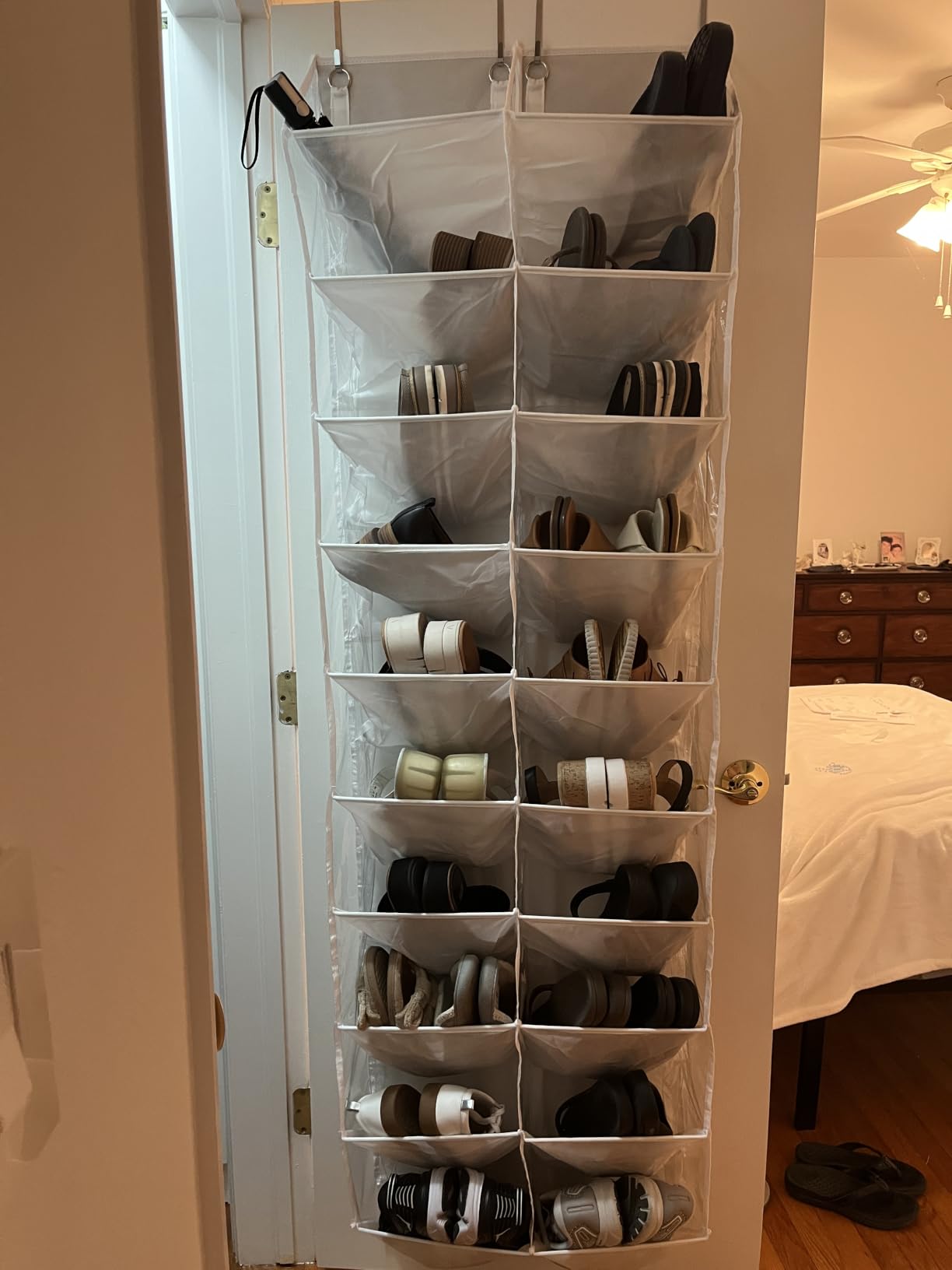 UVIAHOMI 20-30 Pairs Over the Door Shoe Organizer, Clear Pockets Hanging Shoe Storage for Closet, 10-Tier Door Shoes Rack, Handing Shoes Holder Fit All the Family's Sneakers, Boots, Heels, Black customer photo 2