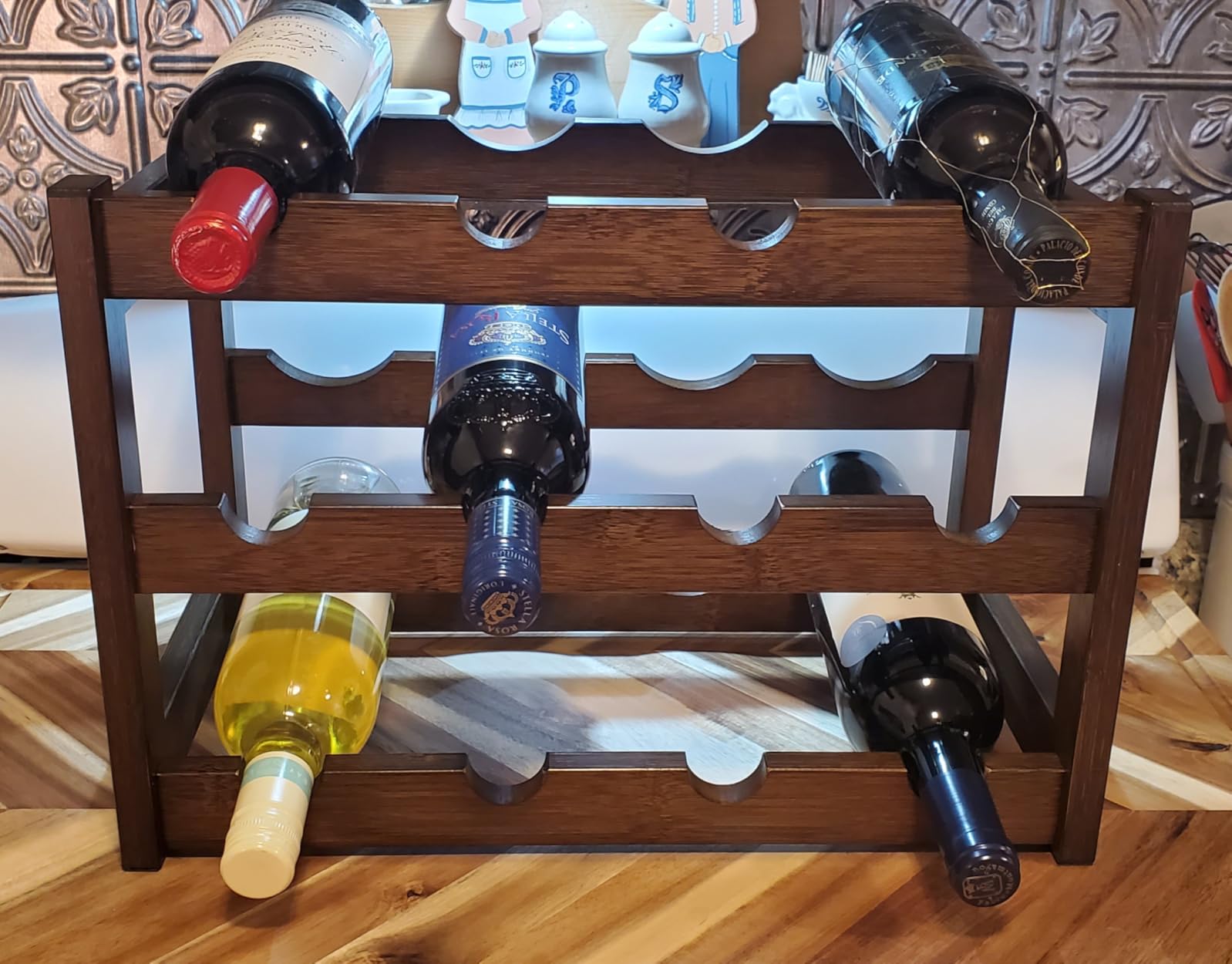 Wine Rack Free Standing Floor, 6-Tier 24 Bottles Display Wine Storage Shelves with Table Top, Easy-Assembly Freestanding Bamboo Wine Racks for Kitchen Dining Room Bar, Walnut customer photo 2