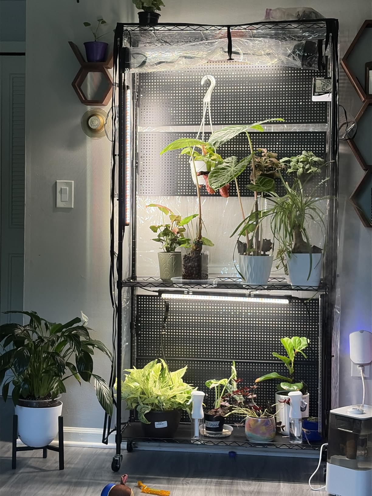 Bstrip Plant Cabinet with Pegboard, 3 Tier Plant Shelf with Grow Light, Metal Plant Stand with 4 Pack 96W Grow Lights for Indoor Plant, Foliage Plants, Seed Starting, 35.4