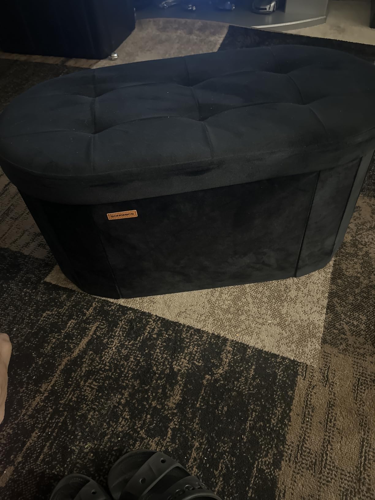SONGMICS Mazie Collection - Folding Ottoman with Storage, Oval Storage Ottoman Bench, for Living Room, Bedroom, Velvet Fabric, 15 x 43 x 15 Inches, Cream White ULSF297LH01 customer photo 1