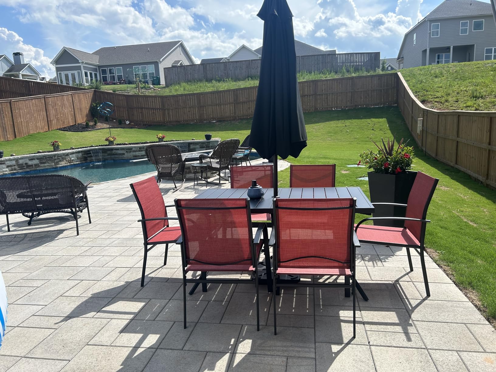 HERA'S HOUSE Patio Table and Chairs for 6, 7 Pieces Outdoor Deck Dining Sets, Wood-Like Rectangular Metal Table Set with Chairs for Lawn Garden Backyard, Brown customer photo 2