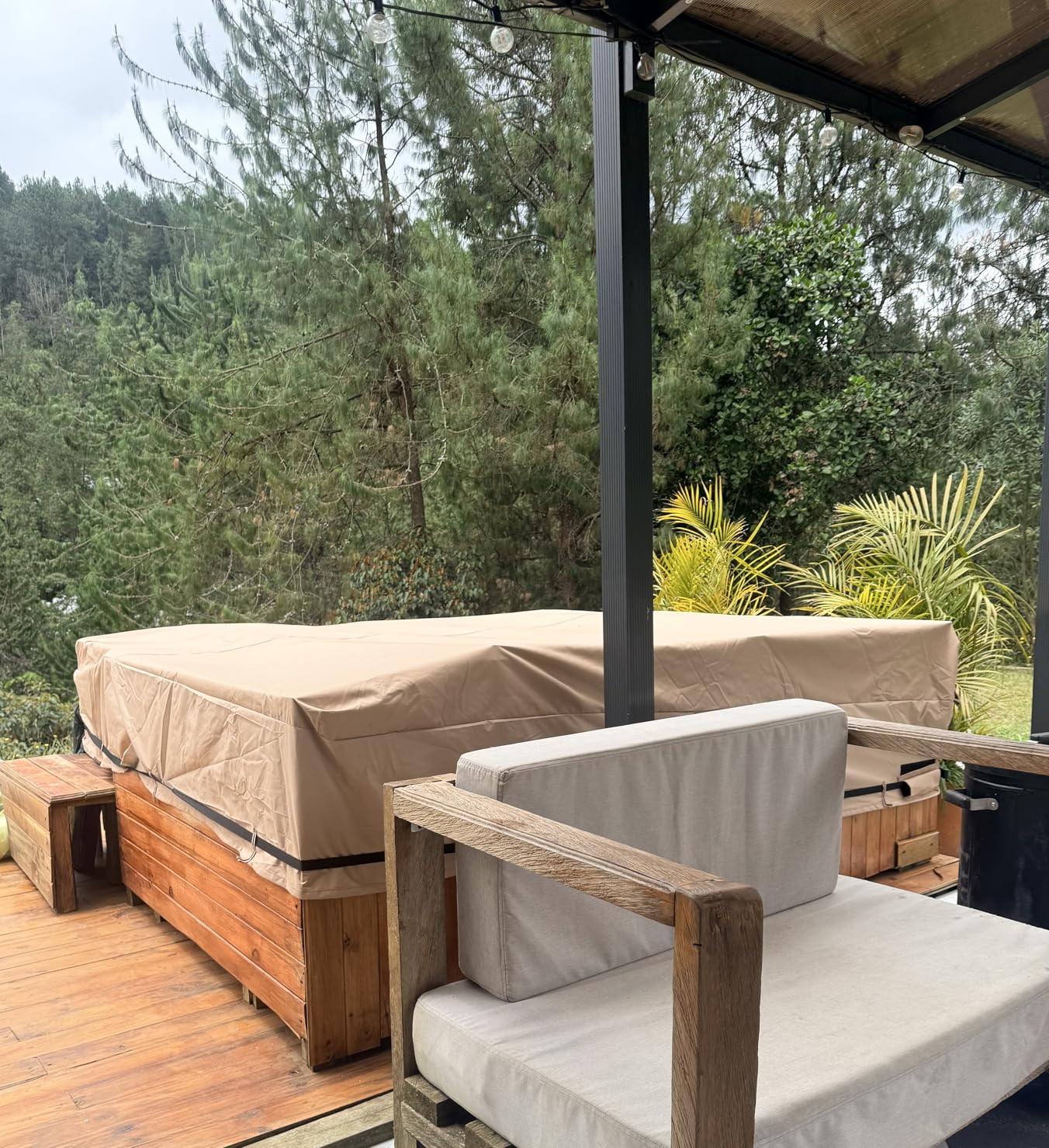 Qh.home IP65 Waterproof Hot Tub Cover, Wind & UV Resistant 600D Polyester 85x85 Spa Cover for Hot Tub, with Ratchet Strap System, Fits 84x84,83x83,82x82,81x81,7 ft x 7 ft Square SPA,Wheat customer photo 2