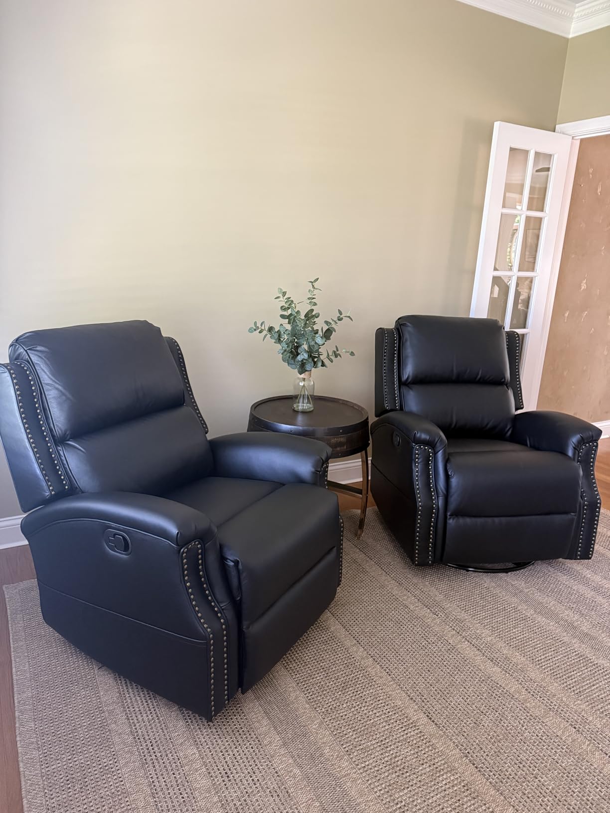 HULALA HOME Swivel Rocking Recliner, Genuine Leather Manual Rocker Reclining Chair with Rolled Arms, Adjustable Footrest, Nailhead Trim for Bedroom & Living Room, Brown customer photo 1