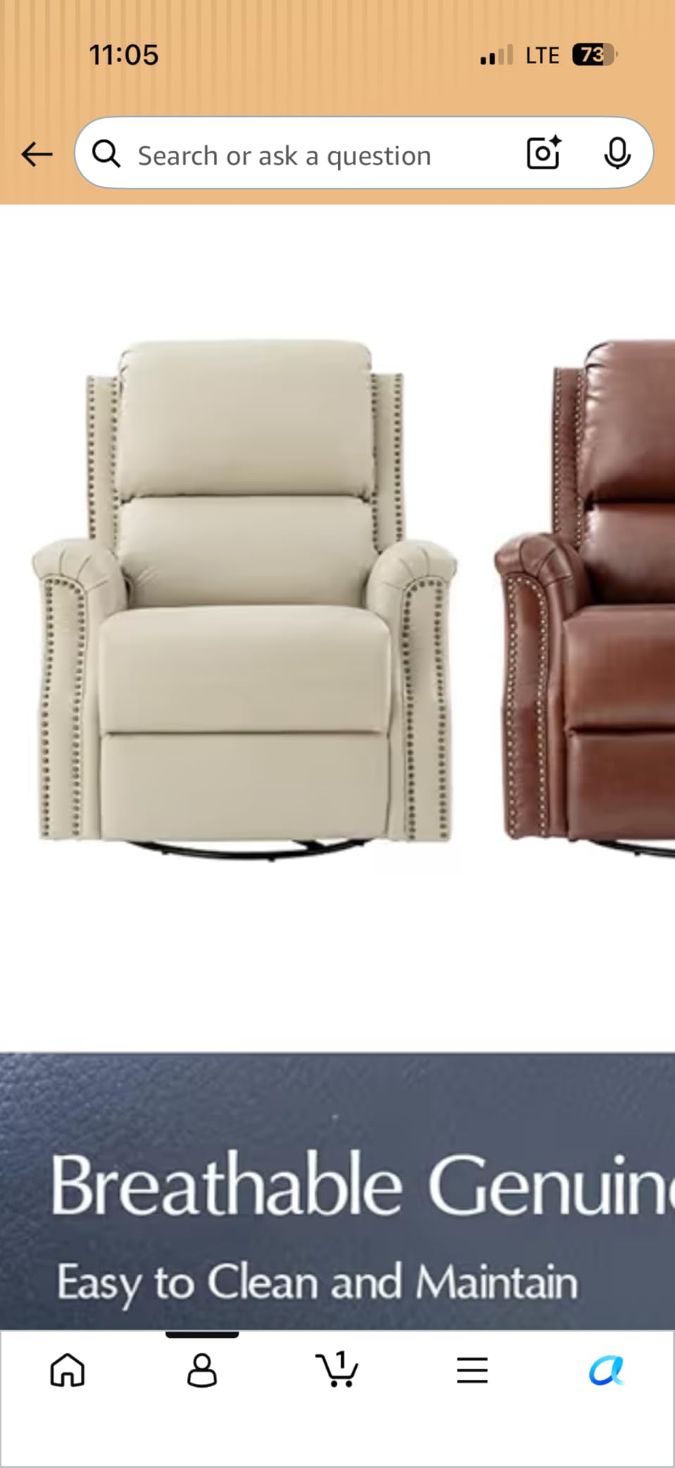 HULALA HOME Swivel Rocking Recliner, Genuine Leather Manual Rocker Reclining Chair with Rolled Arms, Adjustable Footrest, Nailhead Trim for Bedroom & Living Room, Brown customer photo 2