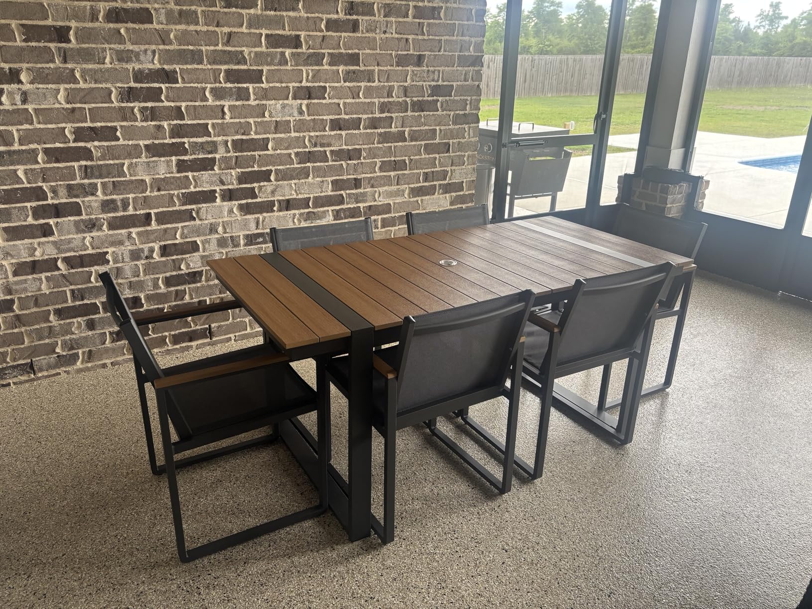 Outdoor Dining Set, HDPS + Aluminum Patio Table and Chairs Set with U-Shaped Base, 7 Piece Outdoor Furniture Set with Umbrella Hole, Patio Dining Table Set for Garden, Backyard (Gray-Teak) customer photo 2