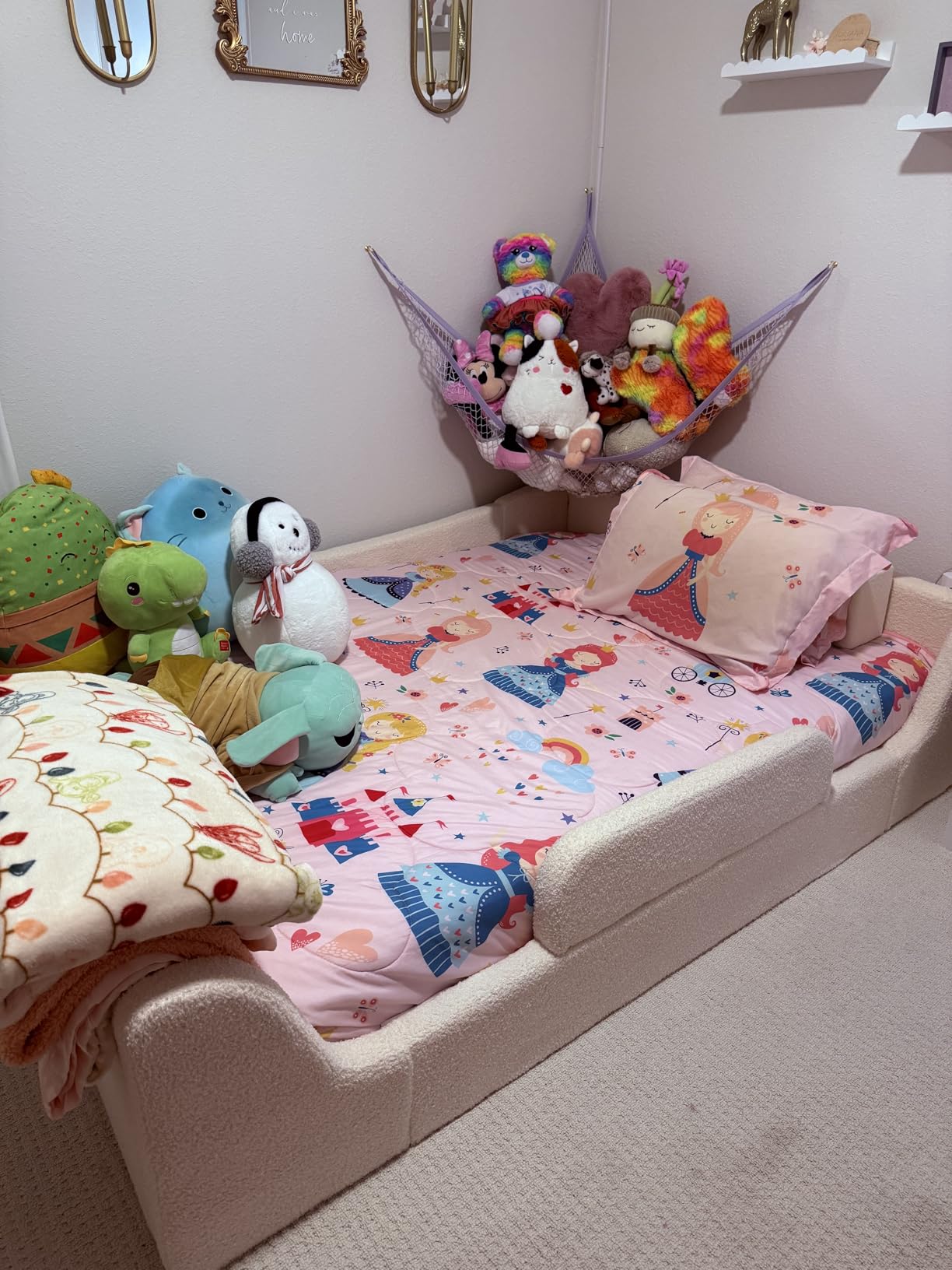 HAUOMS Floor Bed, Low Montessori 2-in-1 Convertible Beds, with Slats and High Rails, Upholstered Bed, Curve Round Frame, Girls and Boys, No Box Spring Needed, Easy Assemble (Beige, Full) customer photo 1