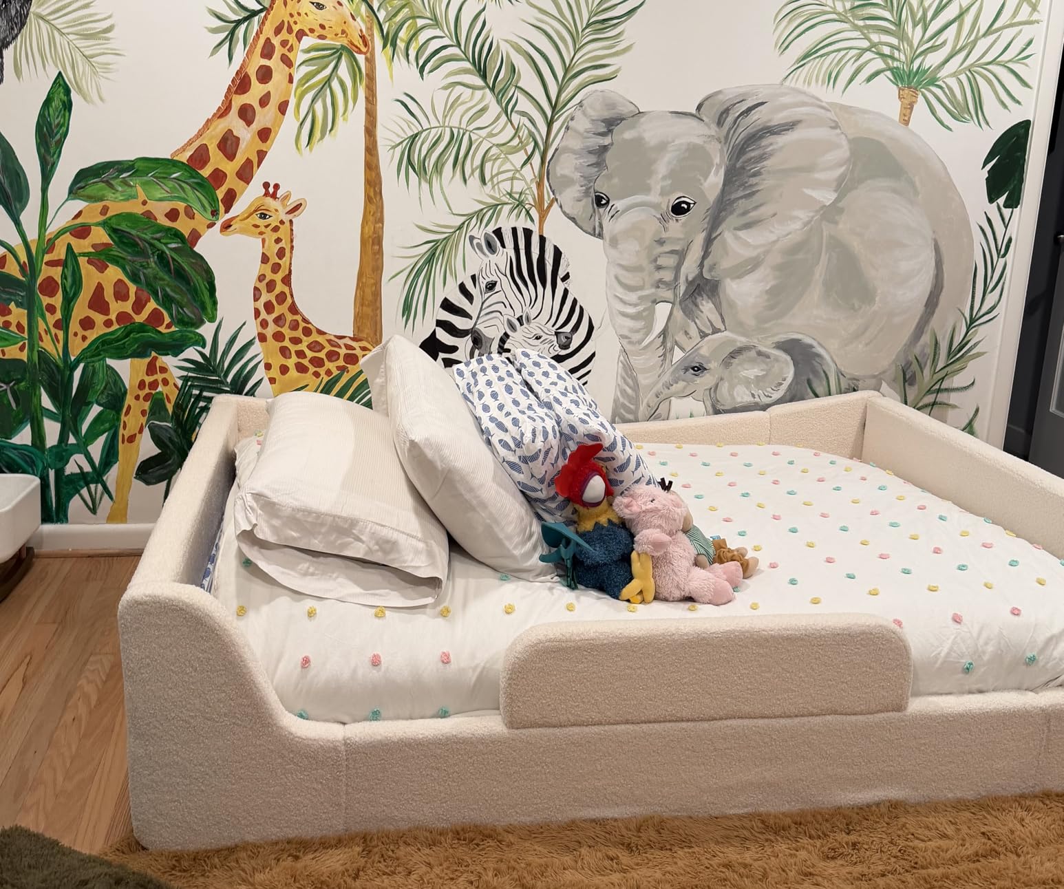 HAUOMS Floor Bed, Low Montessori 2-in-1 Convertible Beds, with Slats and High Rails, Upholstered Bed, Curve Round Frame, Girls and Boys, No Box Spring Needed, Easy Assemble (Beige, Full) customer photo 2