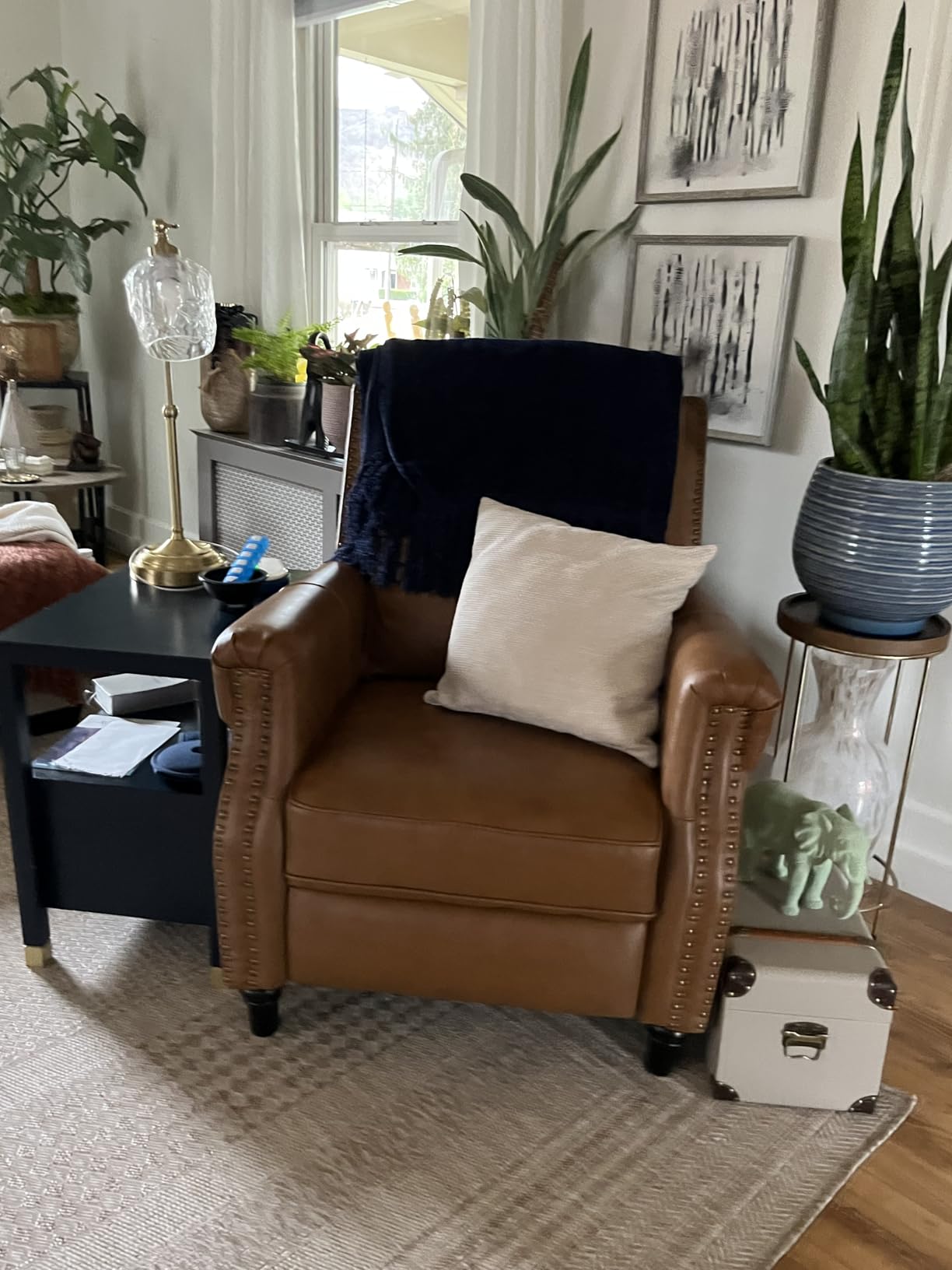 CANMOV Push Back Recliner Chair, Genuine Leather Pushback Reclining Chair with Padded Seat, Wingback Recliner with Rivet Decoration Single Sofa Recliner for Living Room Apartment, Brown customer photo 2