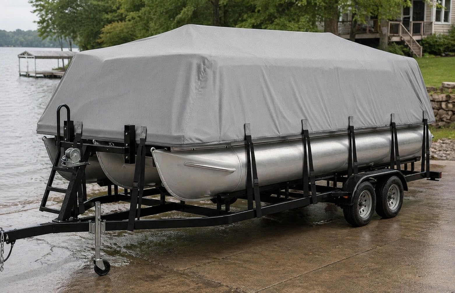Pontoon Boat Cover 19-21 ft, 1200D Heavy Duty Waterproof Pontoon Cover with 14 Windproof Straps, Elastic Hem & Motor Cover, Fits 19 ft 20 ft 21 ft Pontoon Boats Up to 8.5 ft Beam, Gray customer photo 1