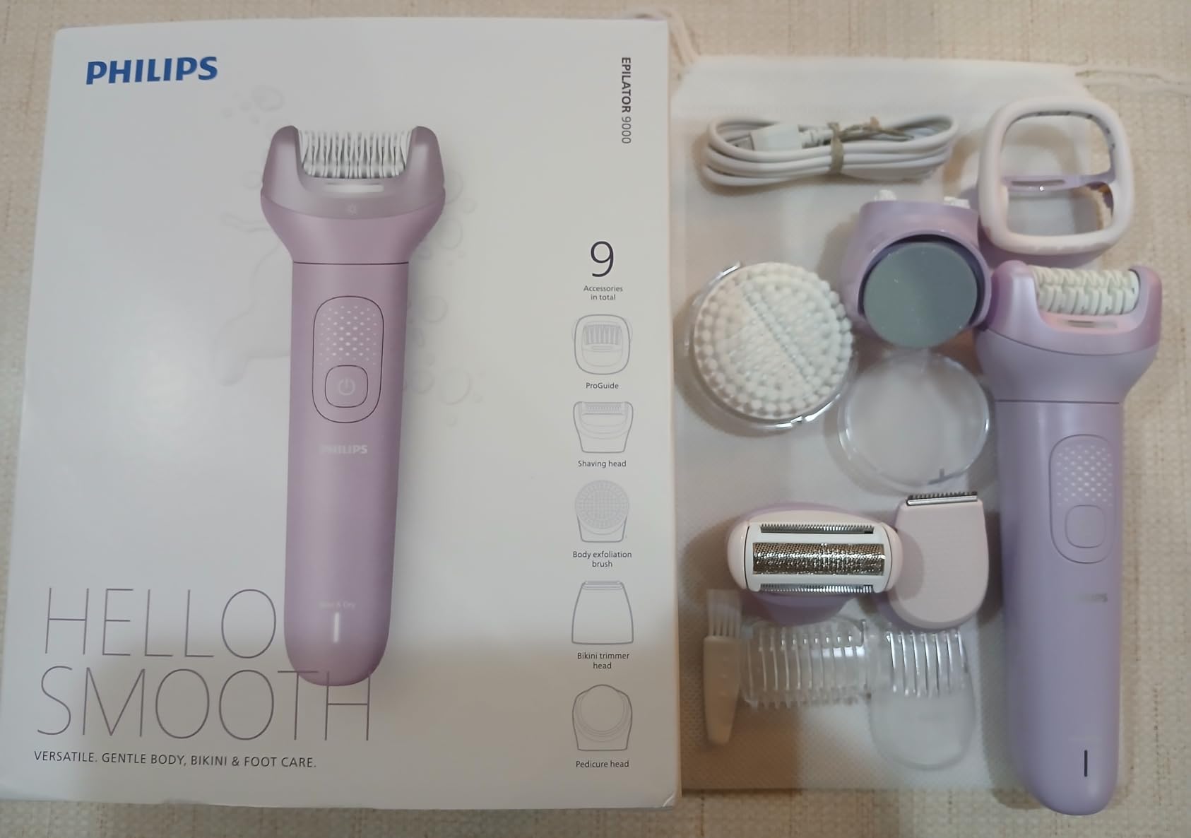 Philips Epilator Series 9000 - Cordless Wet and Dry Electric Epilator, Hair Removal for Legs, Body and Bikini, with ProGuide, 9 Accessories Including Pedicure Head, 60 min. Runtime, Model BRE728/00 customer photo 2