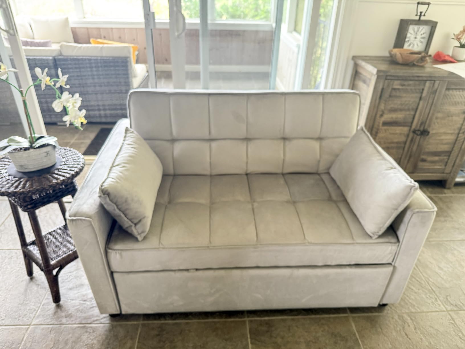 Convertible Sleeper Sofa Bed, Loveseat Sleeper Sofa with Large Side Pockets, Pull Out Sofa Bed with 3 Position Adjustable Backrest, 3 in 1 Velvet Couch Bed for Small Spaces, Apartment, Gray customer photo 1