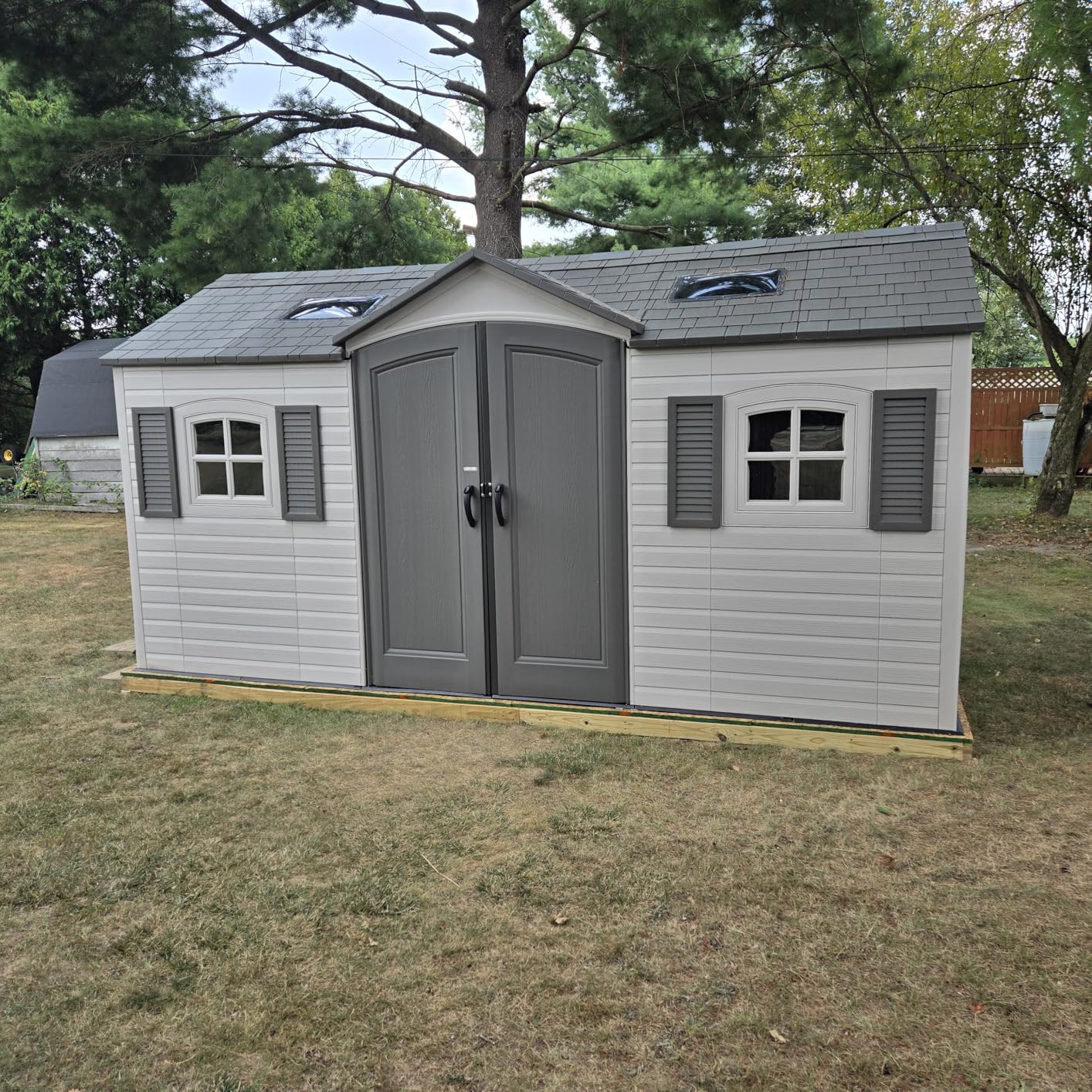 Lifetime 15×8 Ft Dual-Entry Outdoor Storage Shed, Steel-Reinforced, UV-Protected, Weather-Resistant Backyard Garden Shed with Skylights, Windows & Shelving, Desert Sand customer photo 2
