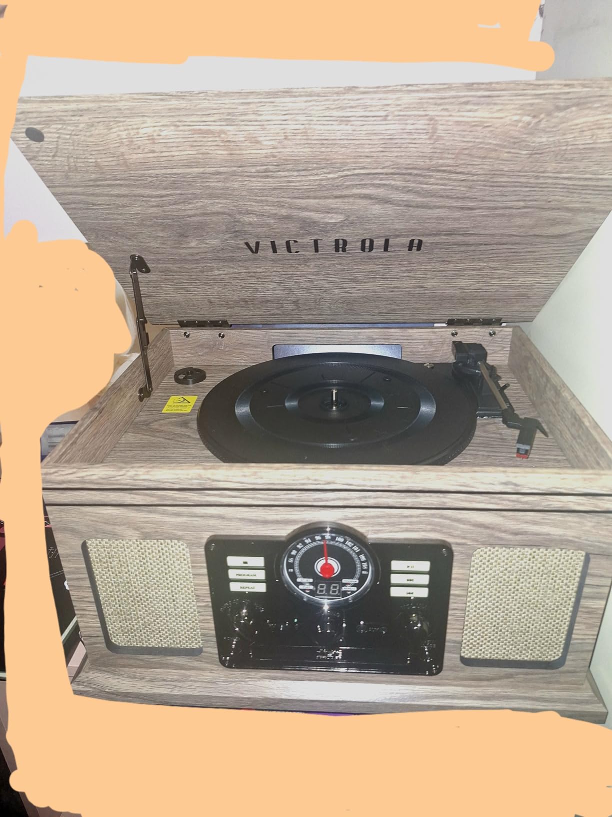 Victrola Quincy - 6-in-1 Bluetooth Record Player - Mahogany | Plays vinyl, CD, cassette and FM radio through built-in stereo speakers, Bluetooth and aux streaming, headphone jack customer photo 2