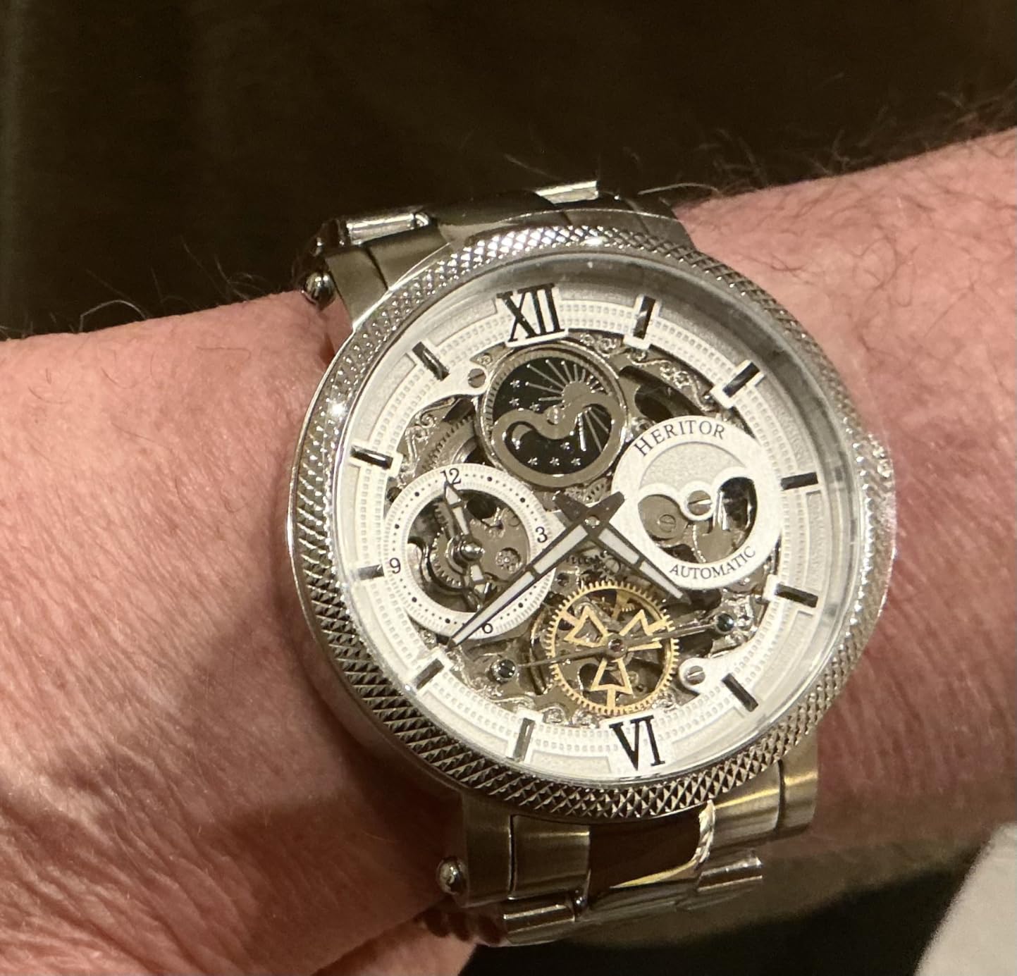 Aries Automatic Watch for Men - 43mm Men's Skeleton Watch with Jeweled Automatic Movement, Moon Phase, Dual Time Zone, Stainless Steel Bracelet, Sapphire-Coated Mineral Crystal (HERHR4401) customer photo 2