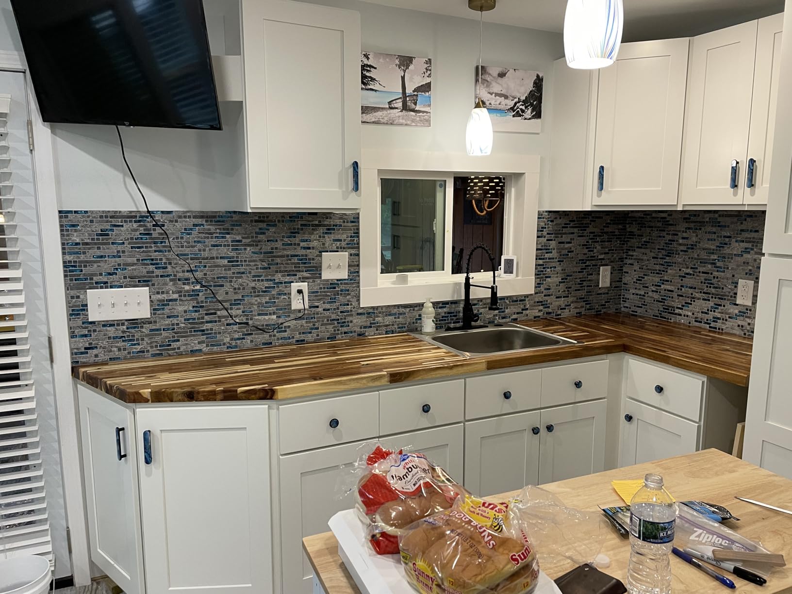 Blujellyfish Gray Marble Tile for Kitchen Backsplash 12 in. x 12 in. x 8 mm Teal Blue Glass Mosaic Bathroom Shower Wall customer photo 1