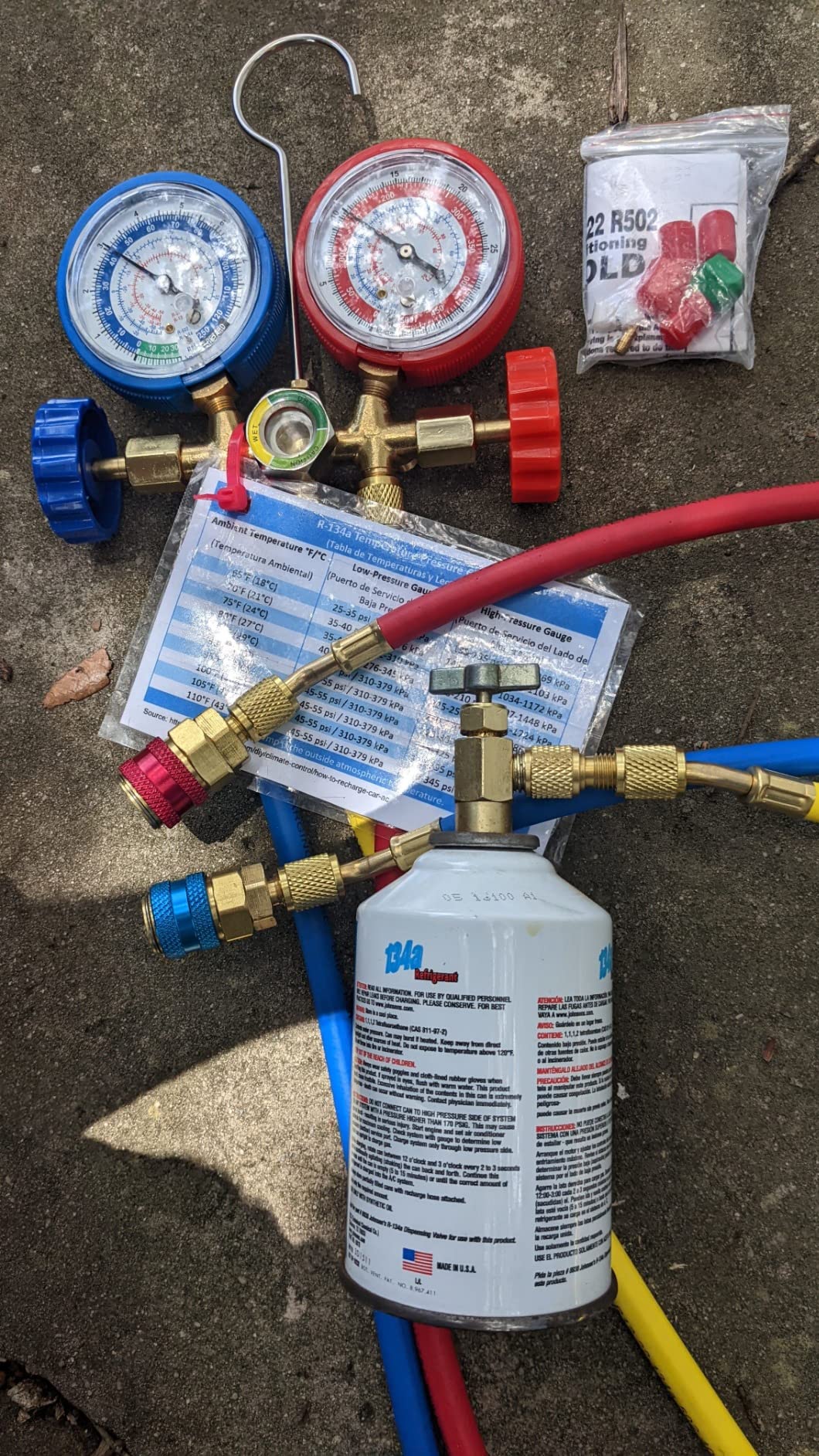 Orion Motor Tech AC Gauge Set, 3-Way AC Manifold Gauge Set for R12 R134a R502 R22 Refrigerant with 5 ft. Hoses, Automotive A/C Gauge with R134a Couplers Self-Sealing & Piercing Can Taps 29° Adapter customer photo 2